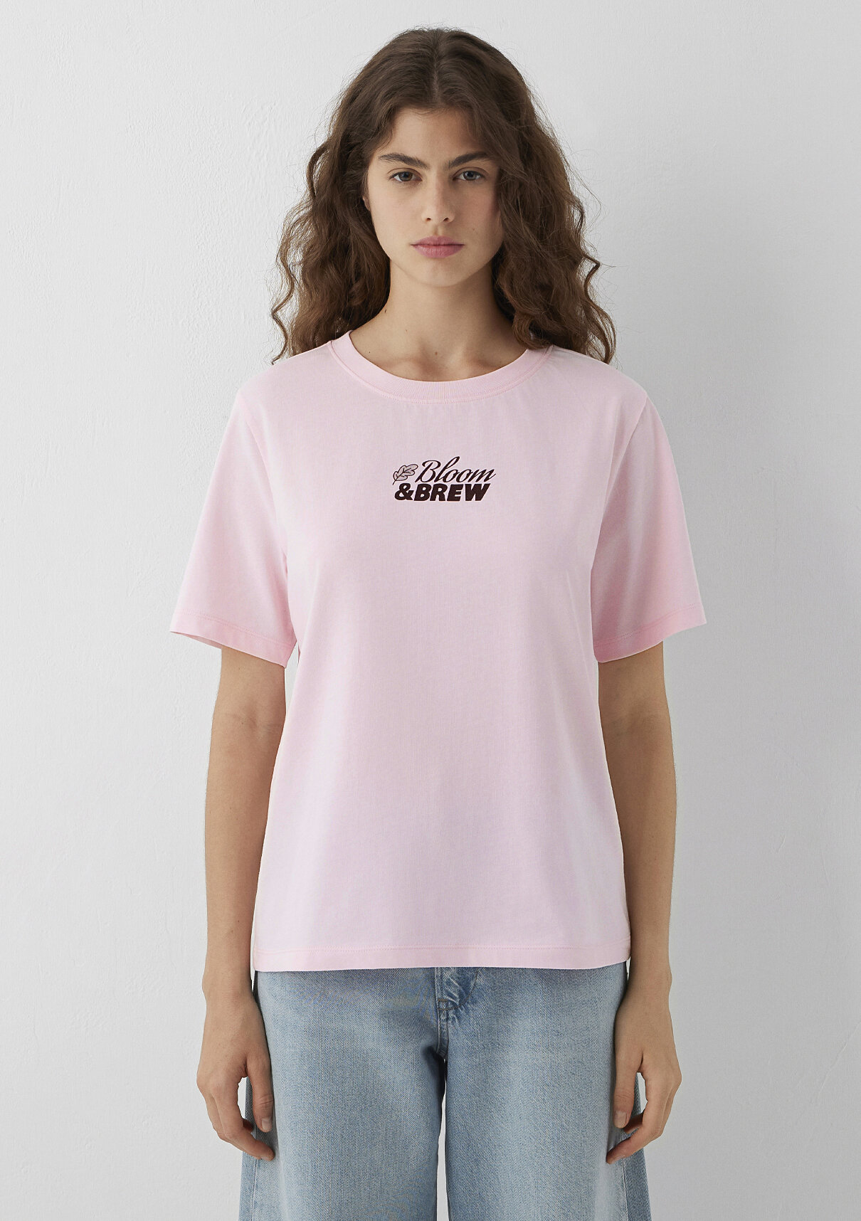 Mavi Slogan Baskılı Pembe Tişört görsel 3