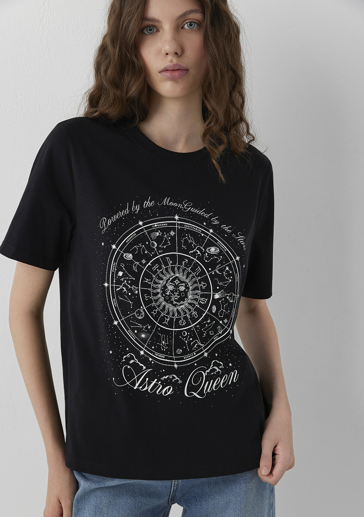 Mavi Astroloji Baskılı Siyah Tişört görsel 2