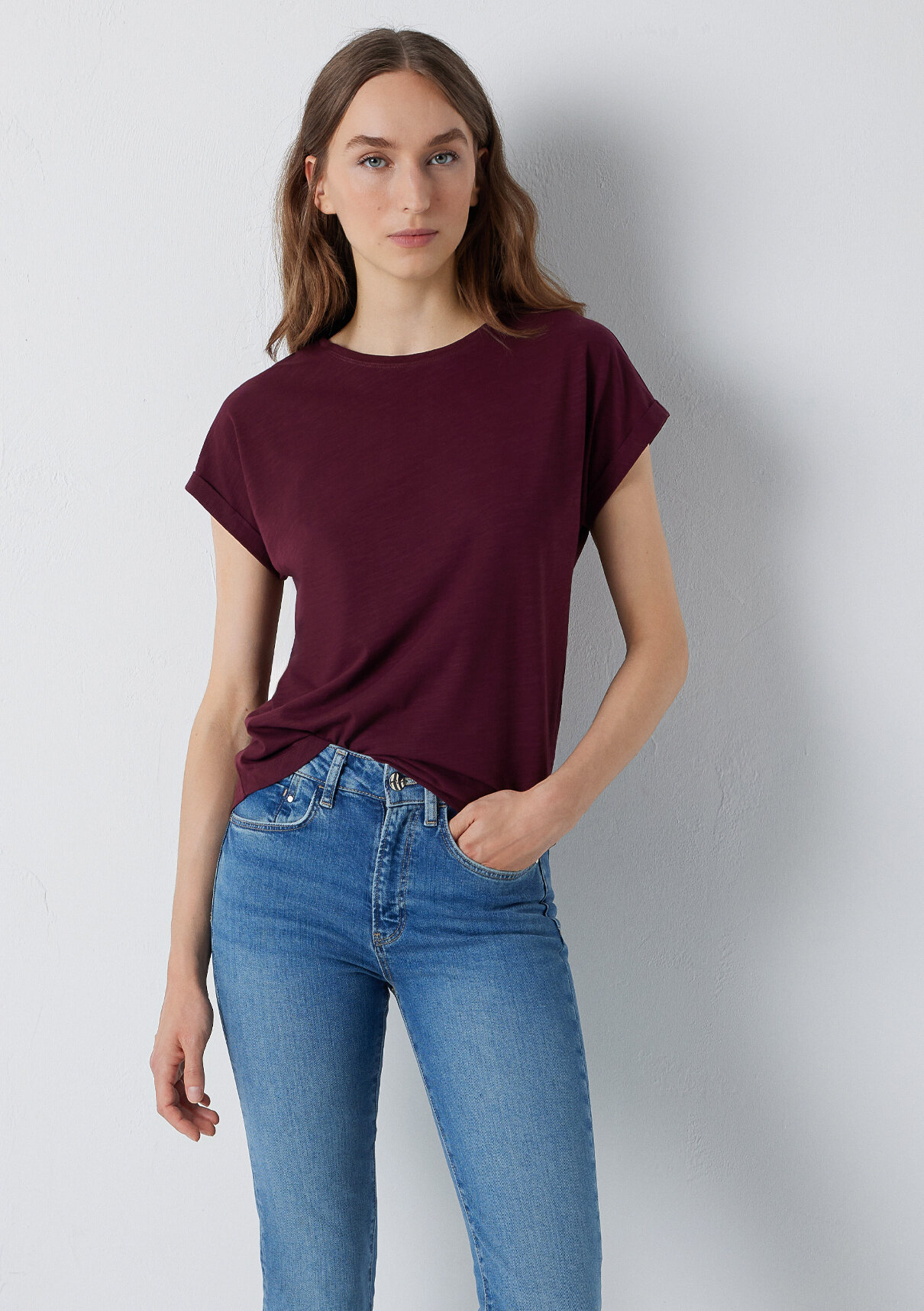 Mavi Bisiklet Yaka Bordo Basic Tişört görsel 2