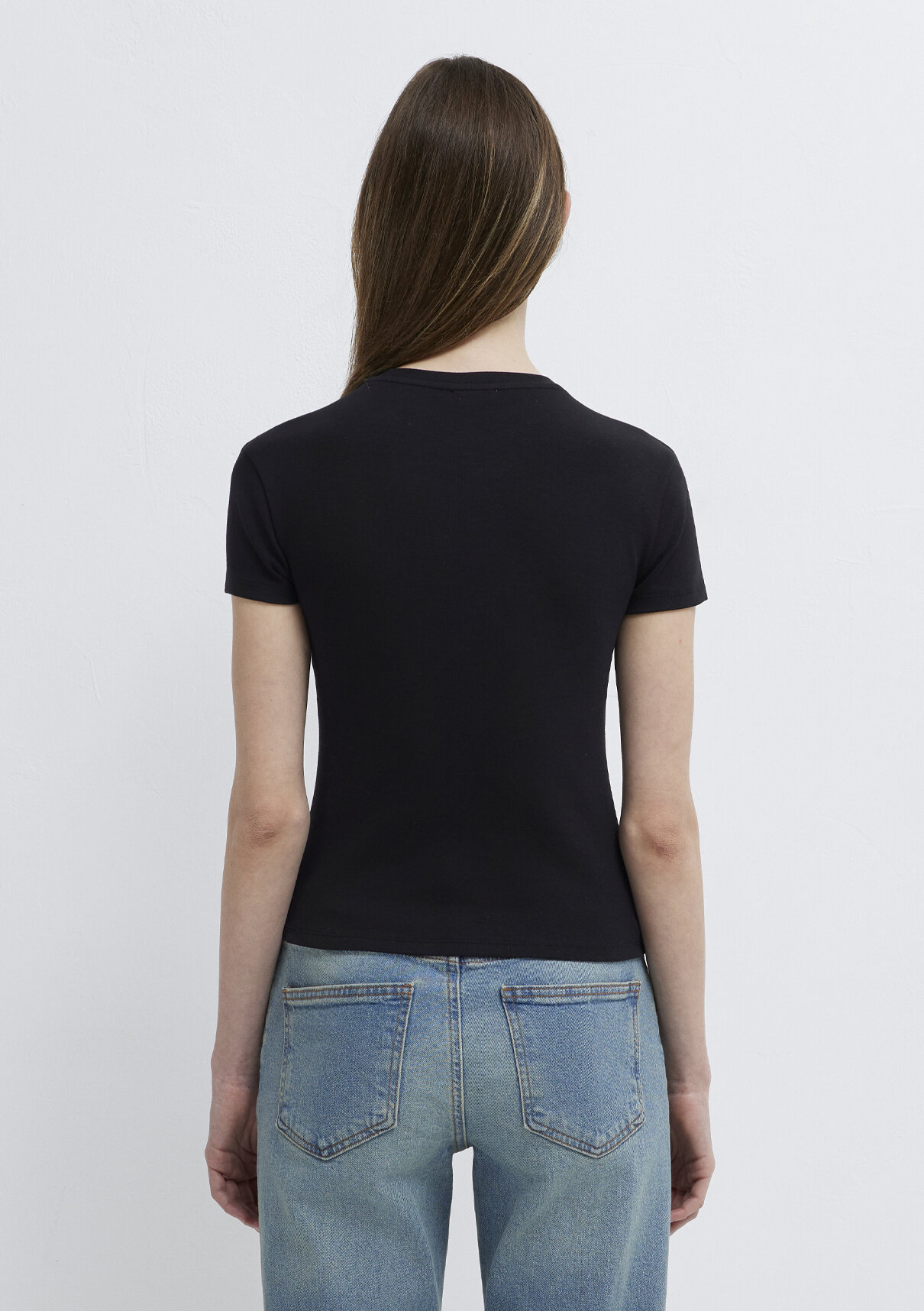 Mavi Siyah Basic Crop Tişört görsel 6