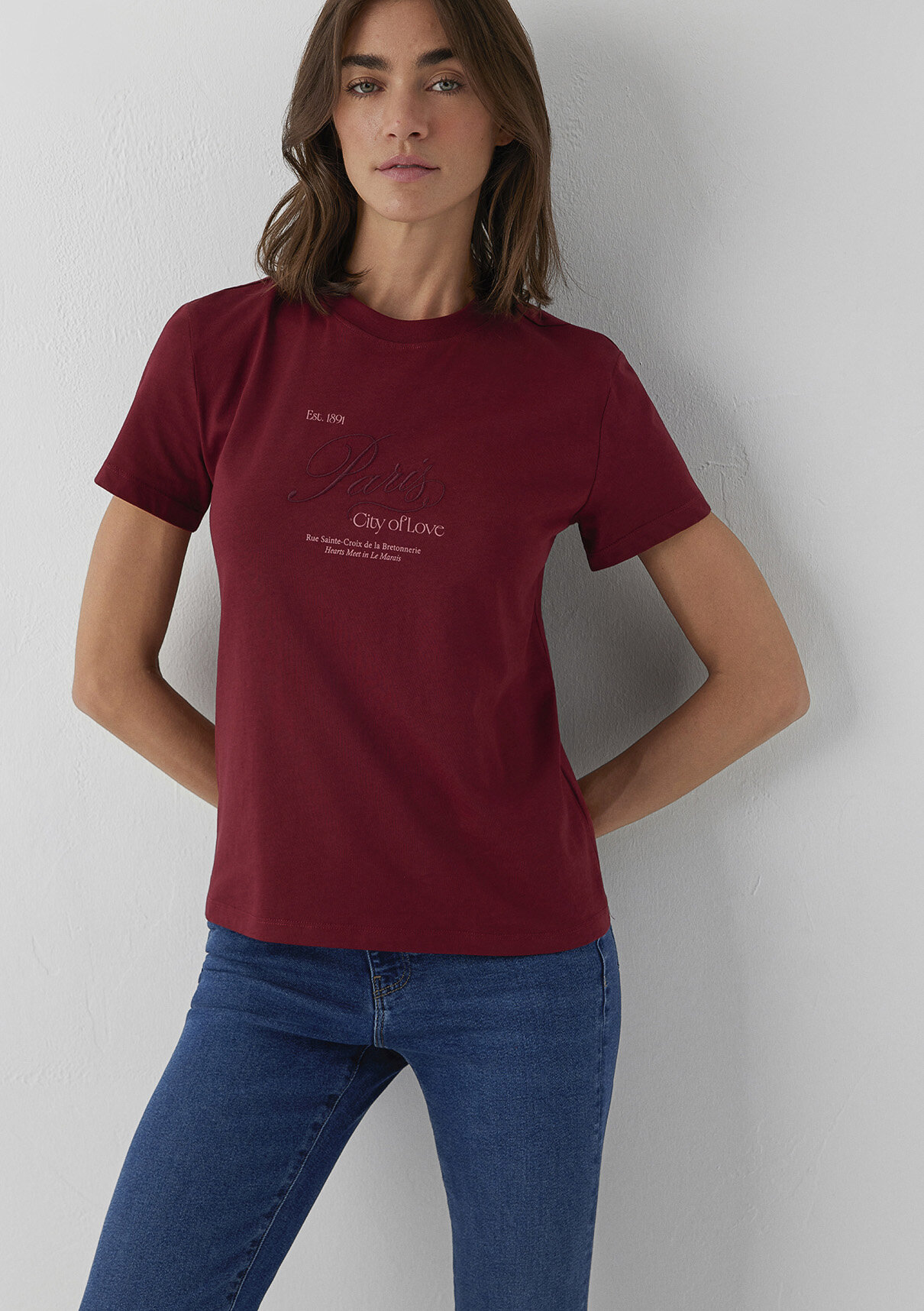 Mavi Paris Baskılı Bordo Tişört görsel 2