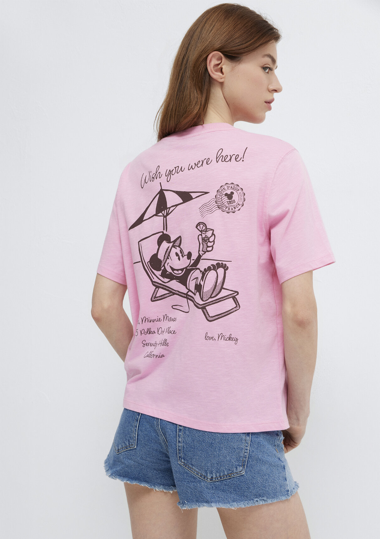 Mavi Mickey Mouse Baskılı Pembe Tişört