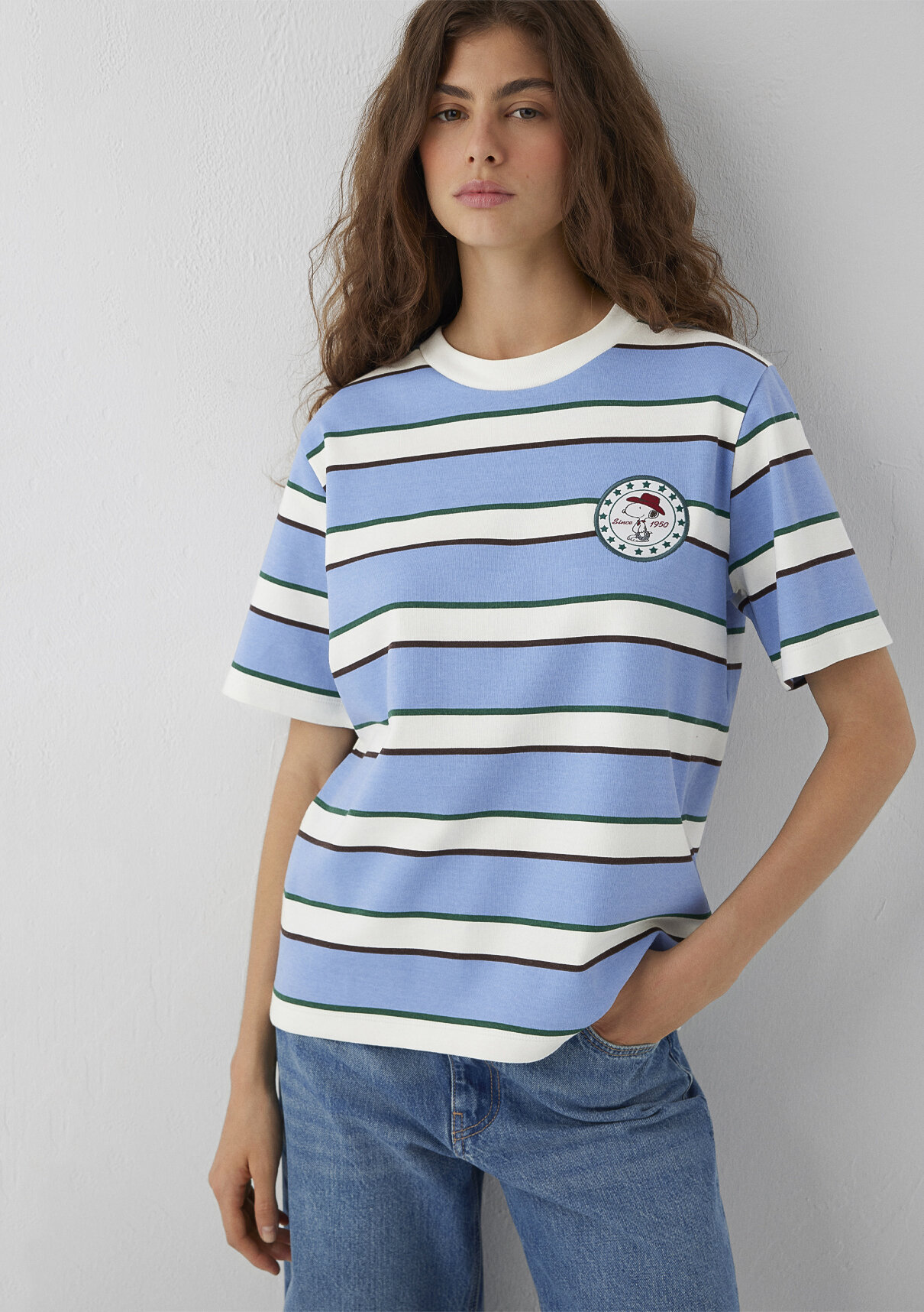 Mavi Çizgili Snoopy Baskılı Tişört