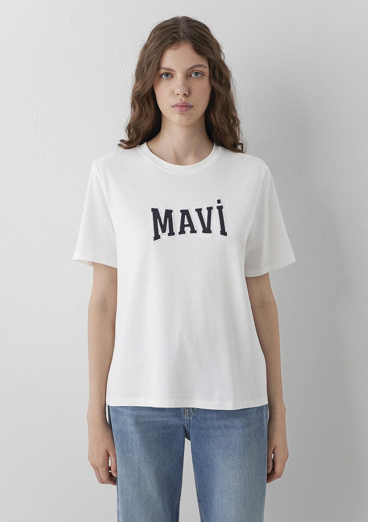 Mavi Logo Baskılı Ekru Tişört görsel 3
