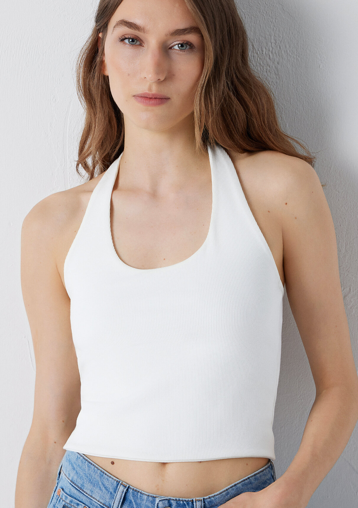 Mavi Halter Yaka Ekru Top