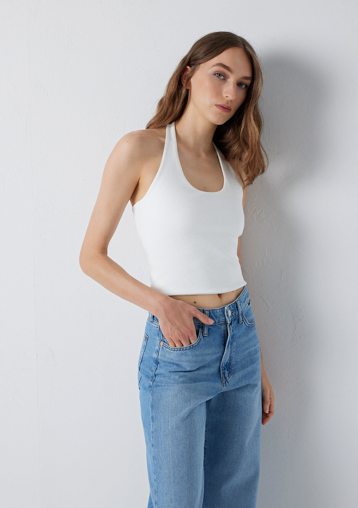 Mavi Halter Yaka Ekru Top görsel 5