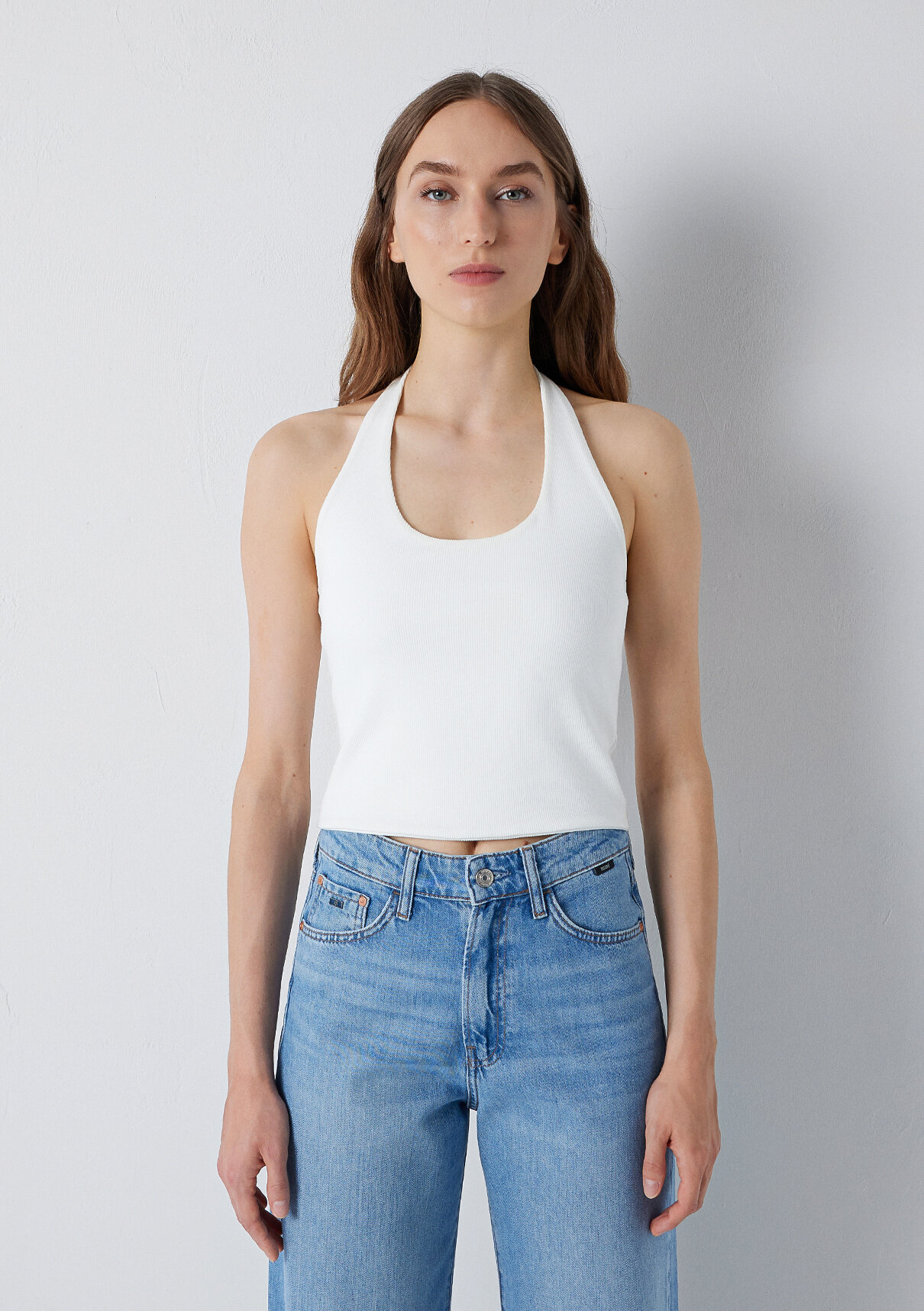 Mavi Halter Yaka Ekru Top görsel 6