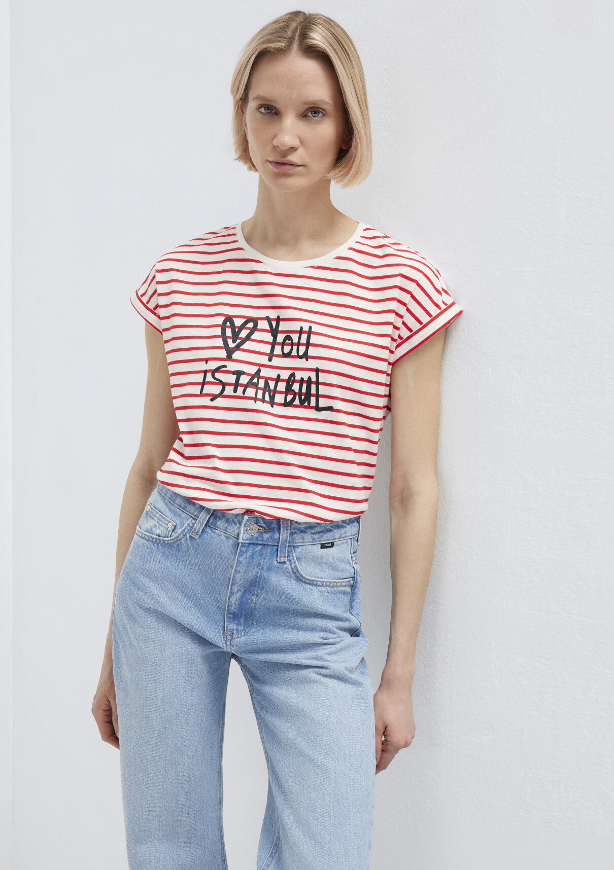 Mavi Love You Baskılı Çizgili Istanbul Tişört