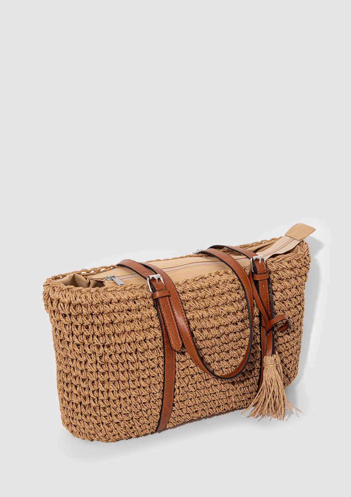 Mavi Püskül Detaylı Hasır Omuz Çantası görsel 5