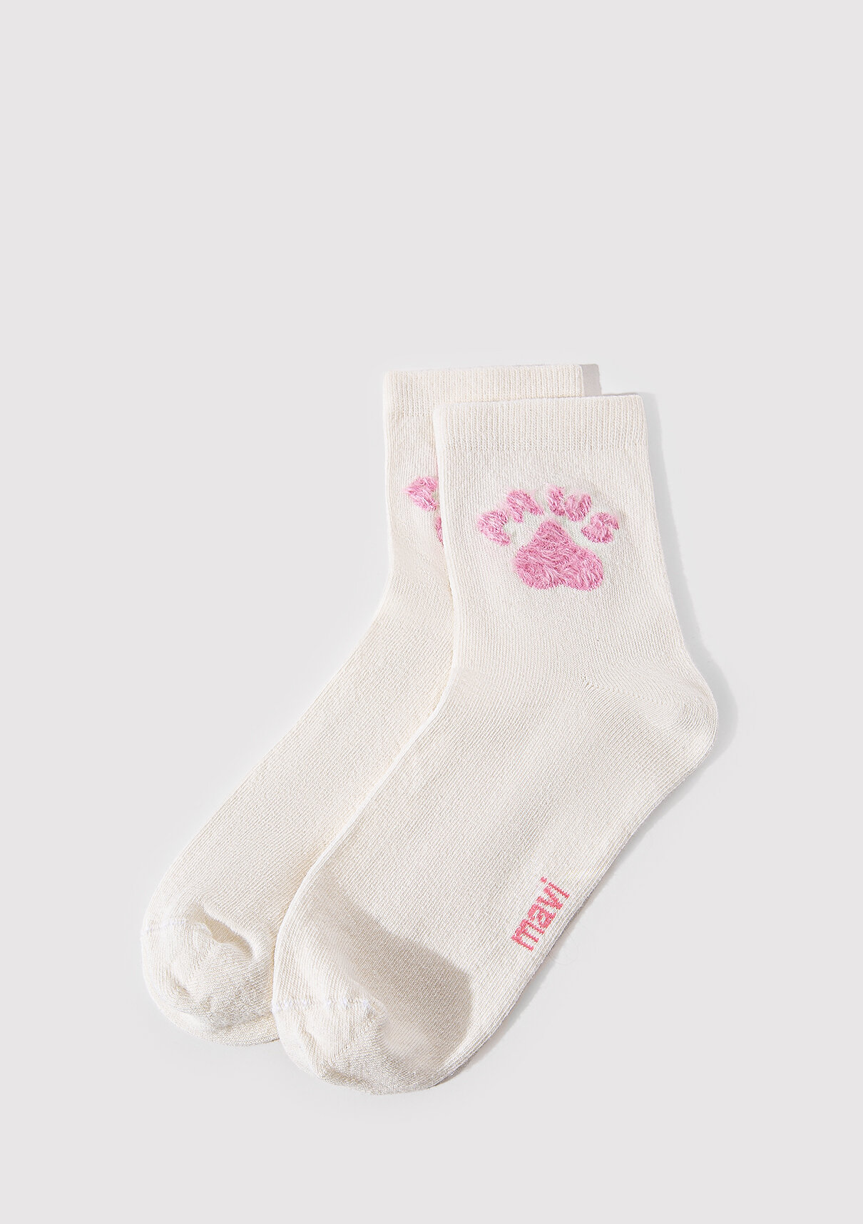 Mavi Paws Baskılı Ekru Soket Çorap