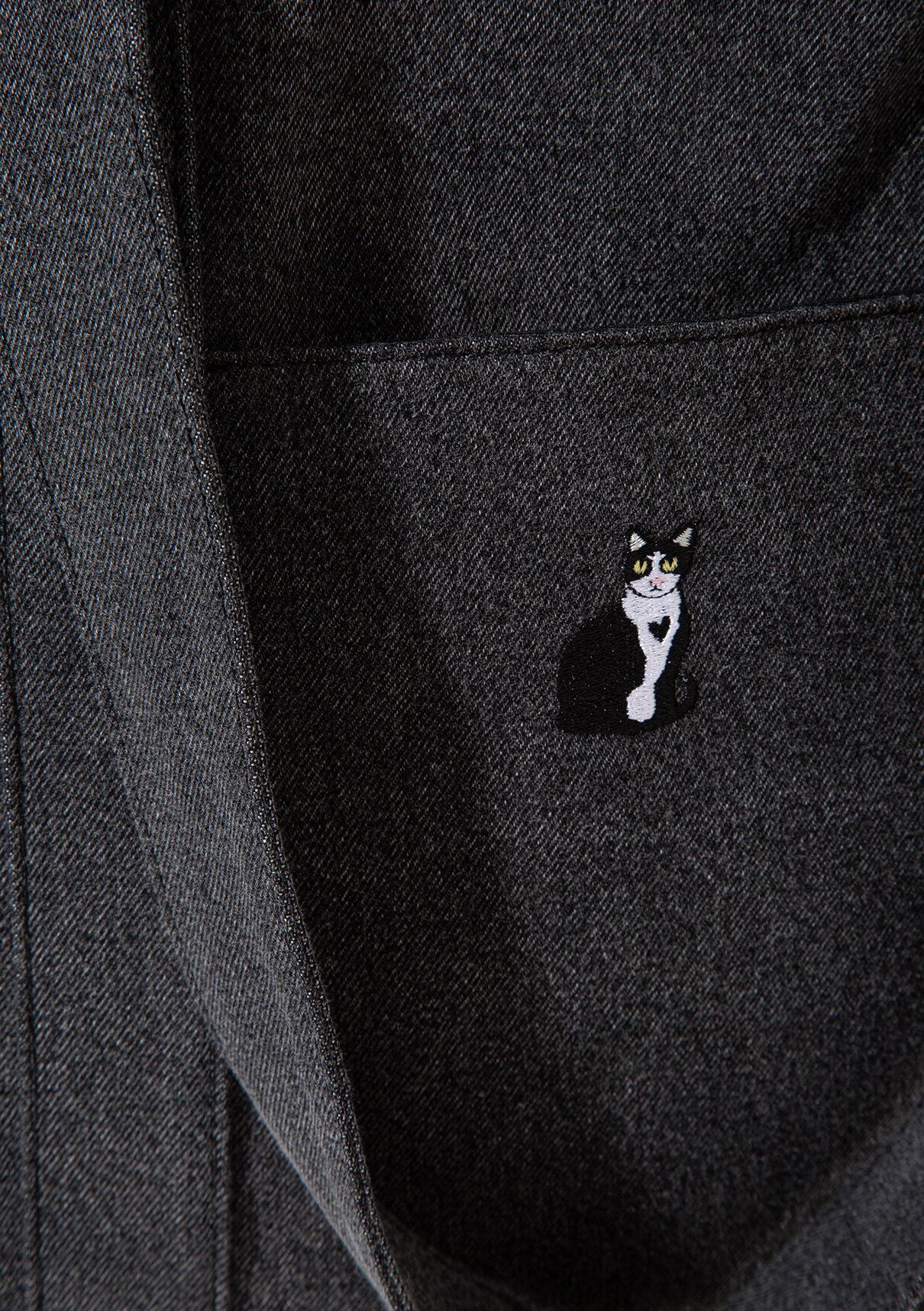 Mavi Kedi Nakışlı Antrasit Denim Çanta görsel 6