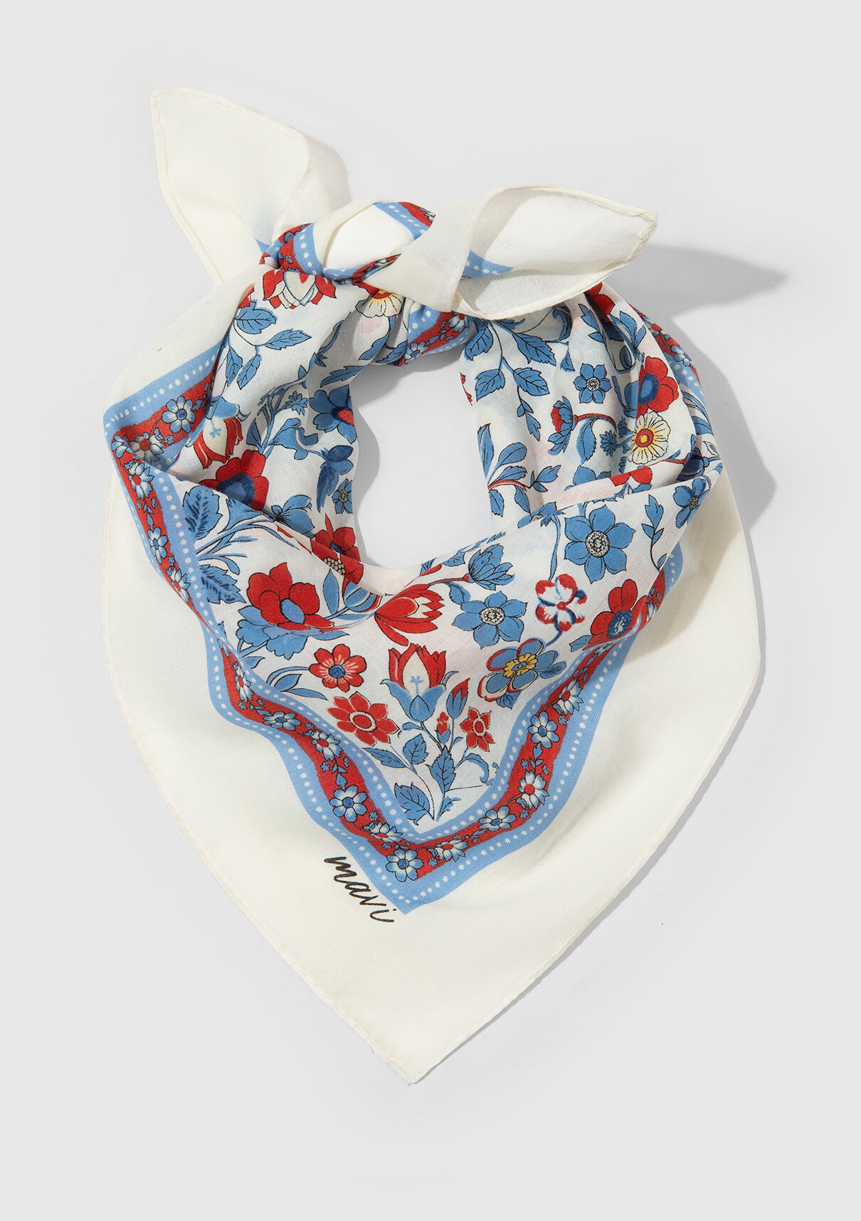Mavi Çiçek Desenli Ekru Bandana görsel 2
