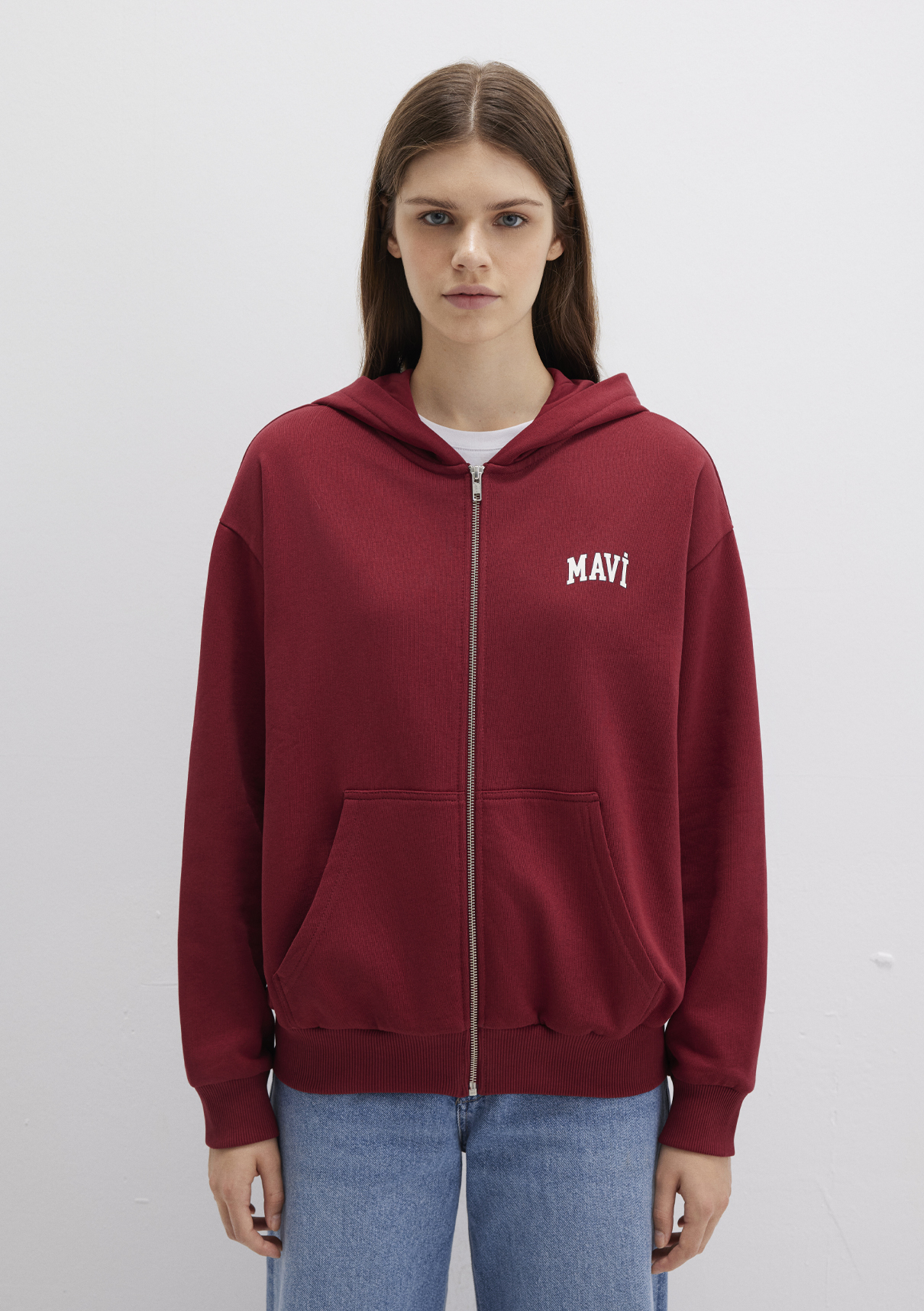 Mavi Logo Baskılı Kapüşonlu Fermuarlı Bordo Sweatshirt görsel 3