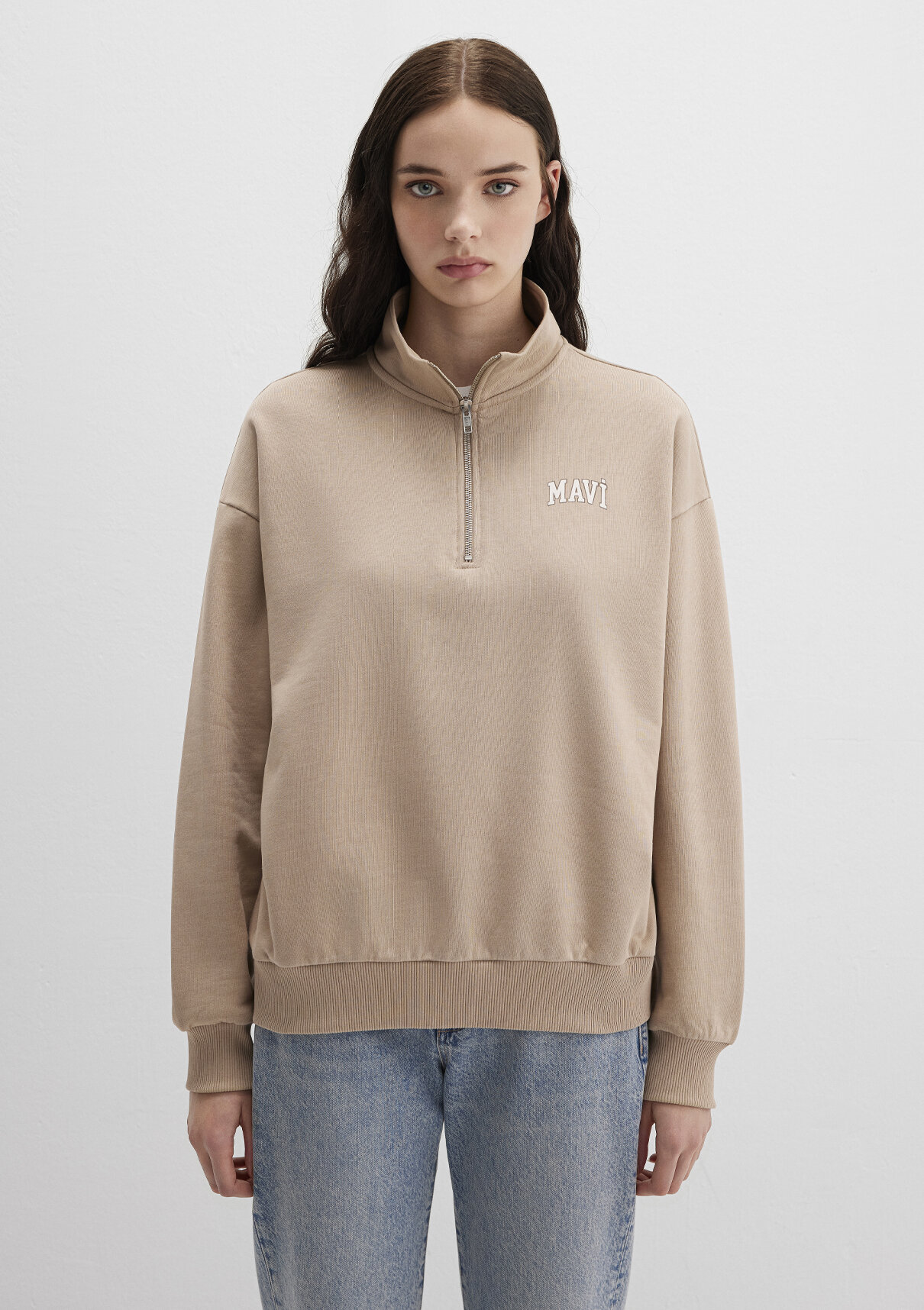 Mavi Logo Baskılı Yarı Fermuarlı Bej Sweatshirt görsel 3