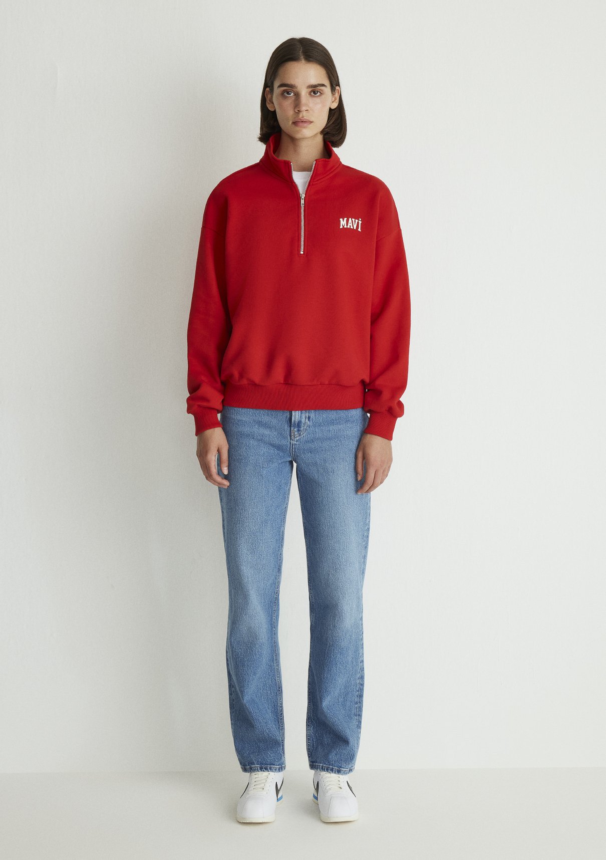 Mavi Logo Baskılı Yarı Fermuarlı Kırmızı Sweatshirt görsel 2