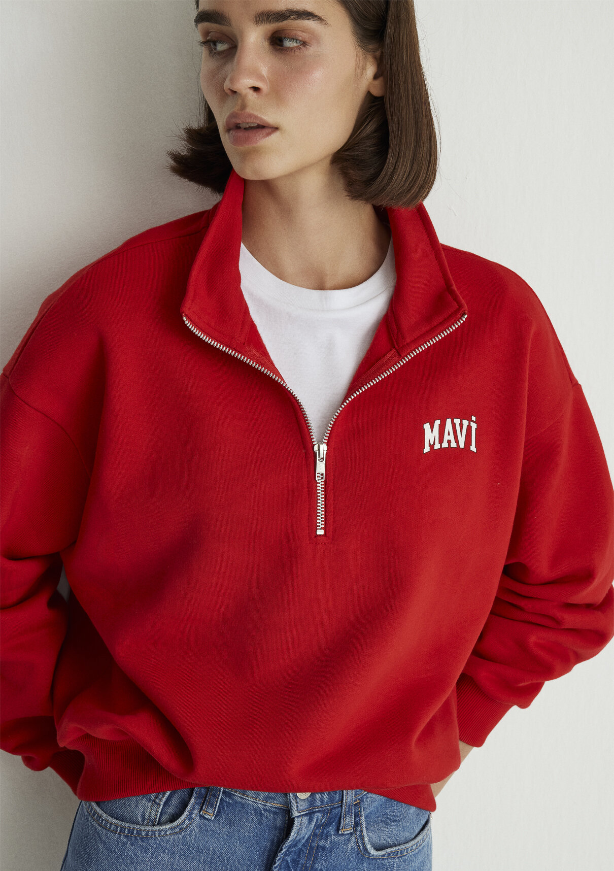 Mavi Logo Baskılı Yarı Fermuarlı Kırmızı Sweatshirt görsel 5