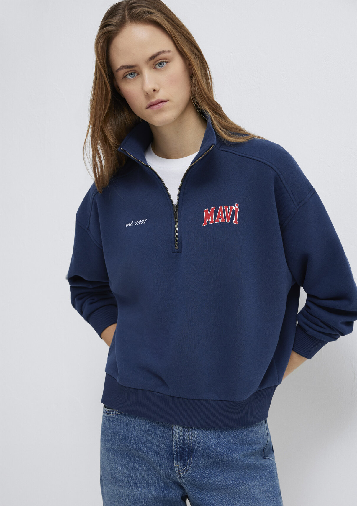 Mavi Logo Baskılı Yarı Fermuarlı Lacivert Sweatshirt görsel 2
