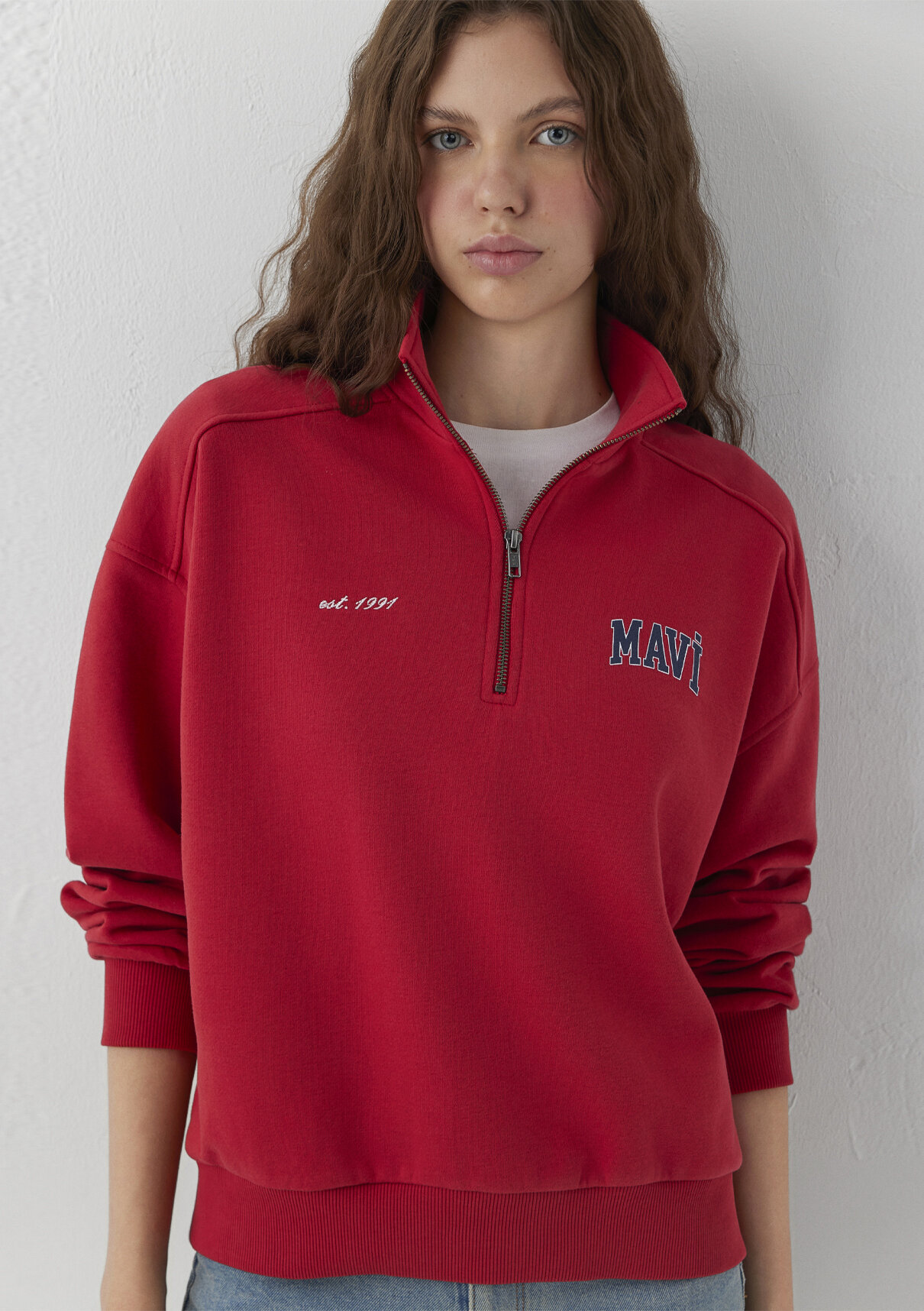 Mavi Logo Yarı Fermuarlı Kırmızı Sweatshirt görsel 2