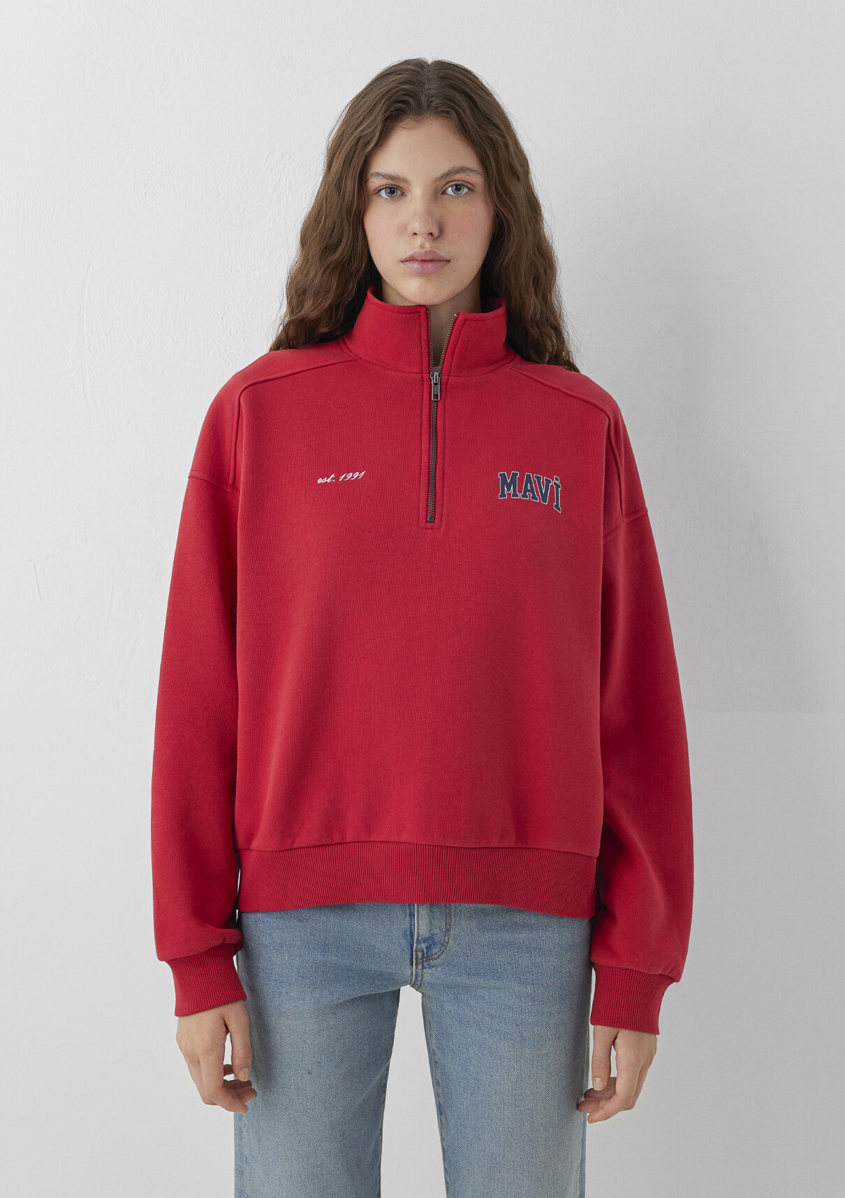 Mavi Logo Yarı Fermuarlı Kırmızı Sweatshirt görsel 3