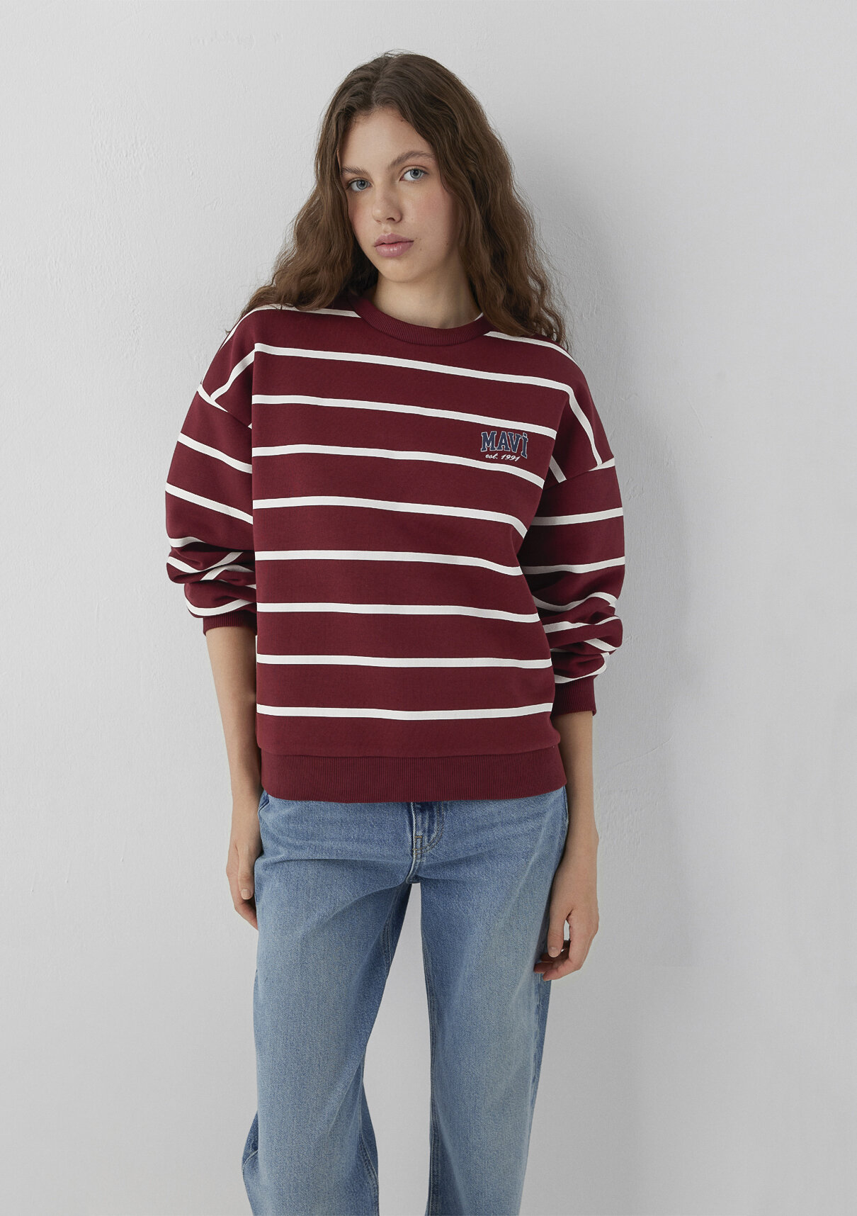Mavi Logo Çizgili Bordo Sweatshirt