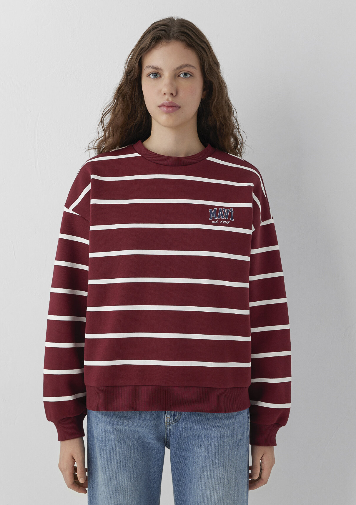 Mavi Logo Çizgili Bordo Sweatshirt görsel 3