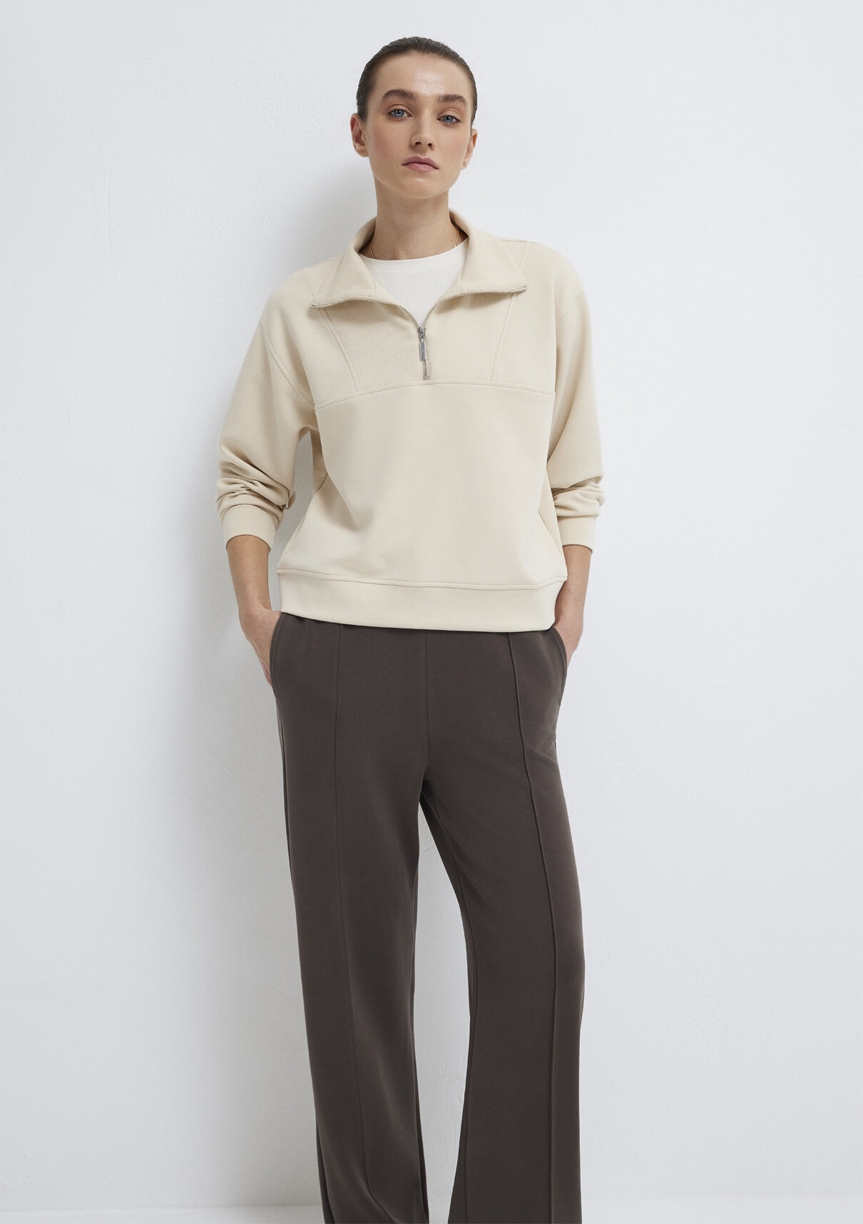 Mavi Yarı Fermuarlı Ekru (TENCEL™) Modal Karışımlı Sweatshirt