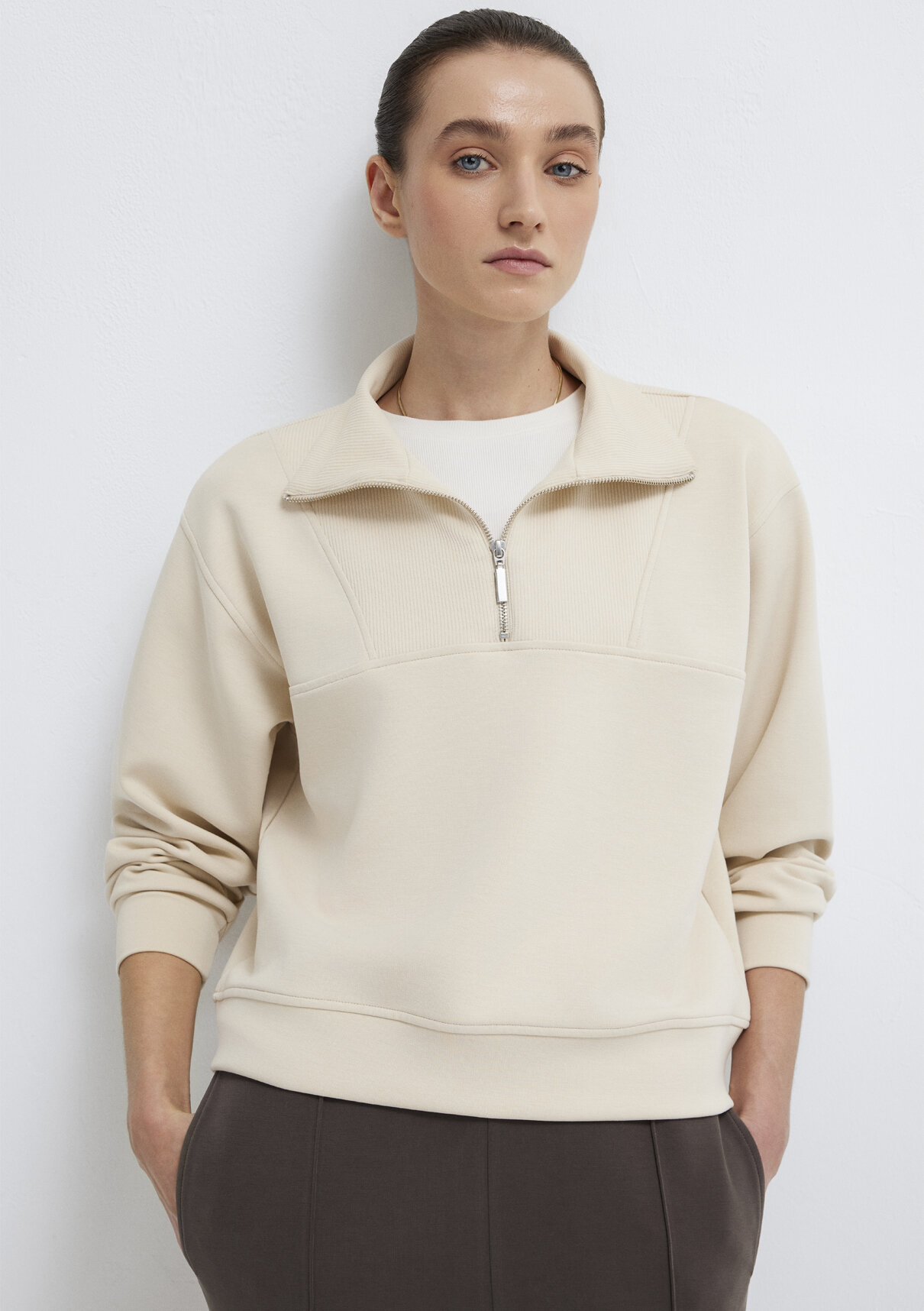 Mavi Yarı Fermuarlı Ekru (TENCEL™) Modal Karışımlı Sweatshirt görsel 2