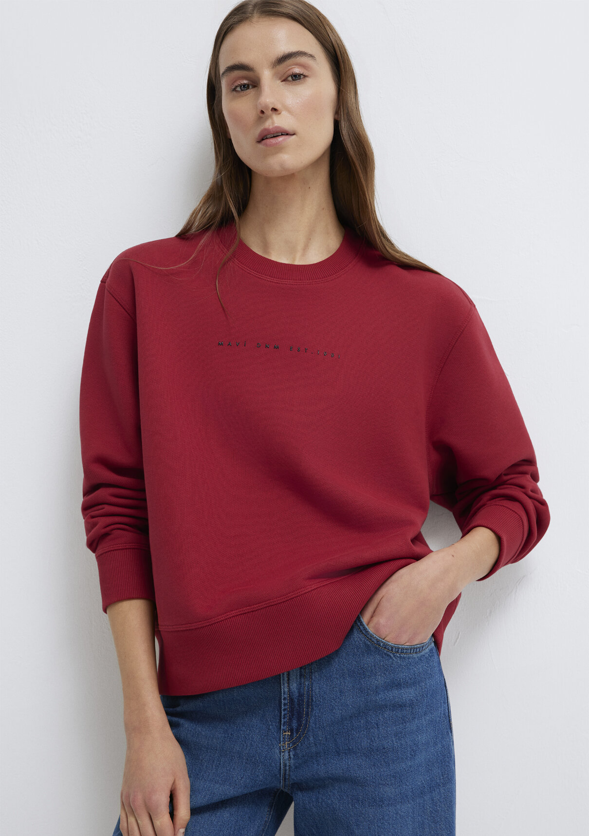 Mavi Denim Baskılı Kırmızı Sweatshirt
