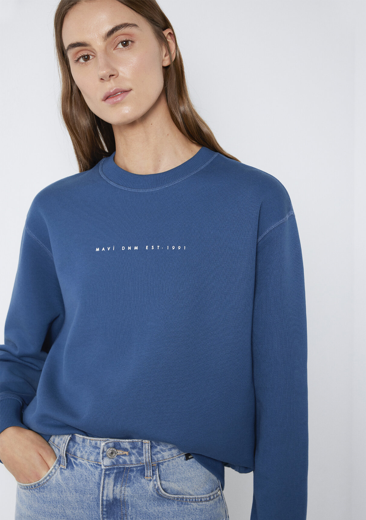 Mavi Denim Baskılı Mavi Sweatshirt