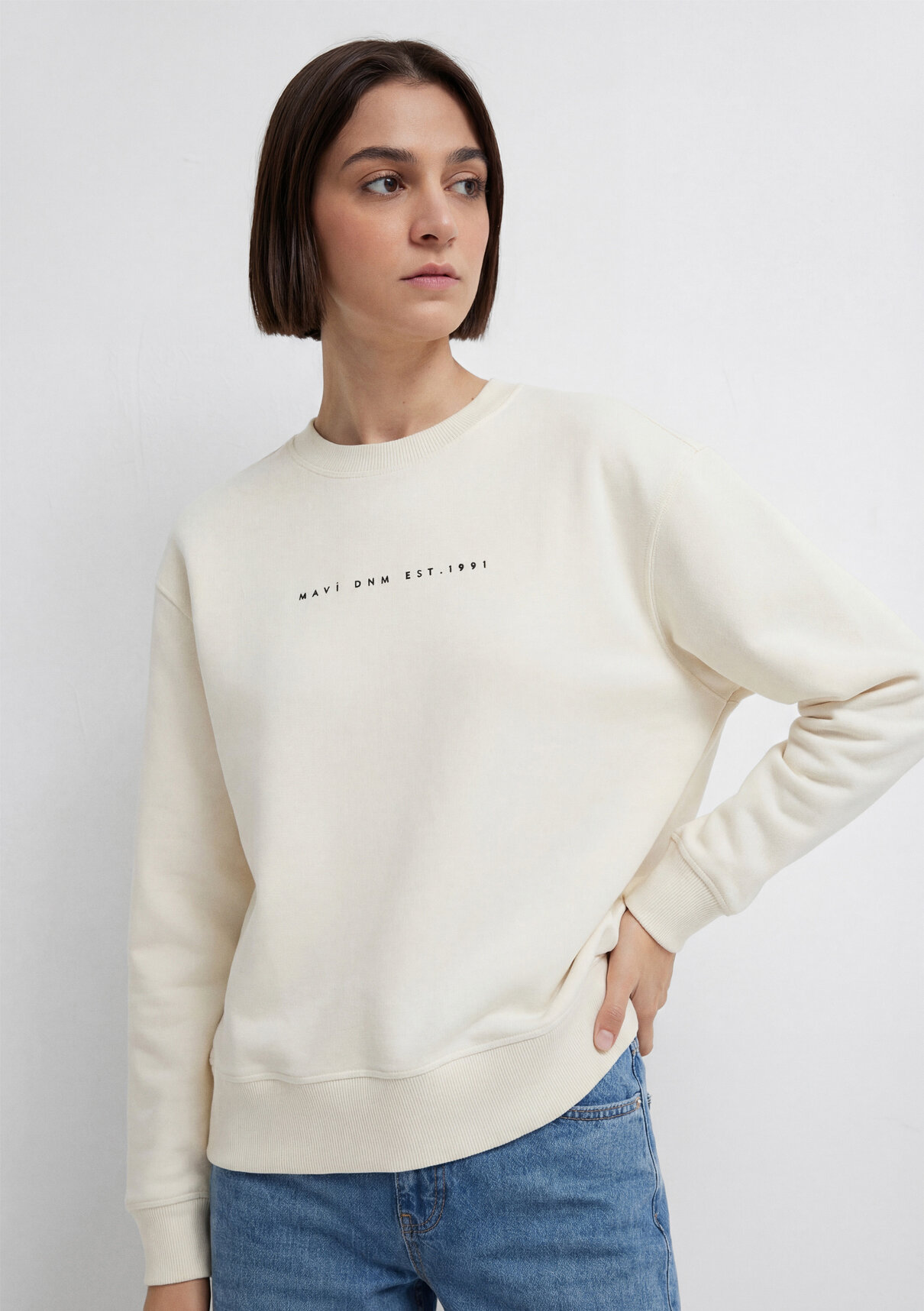 Mavi Denim Baskılı Ekru Sweatshirt