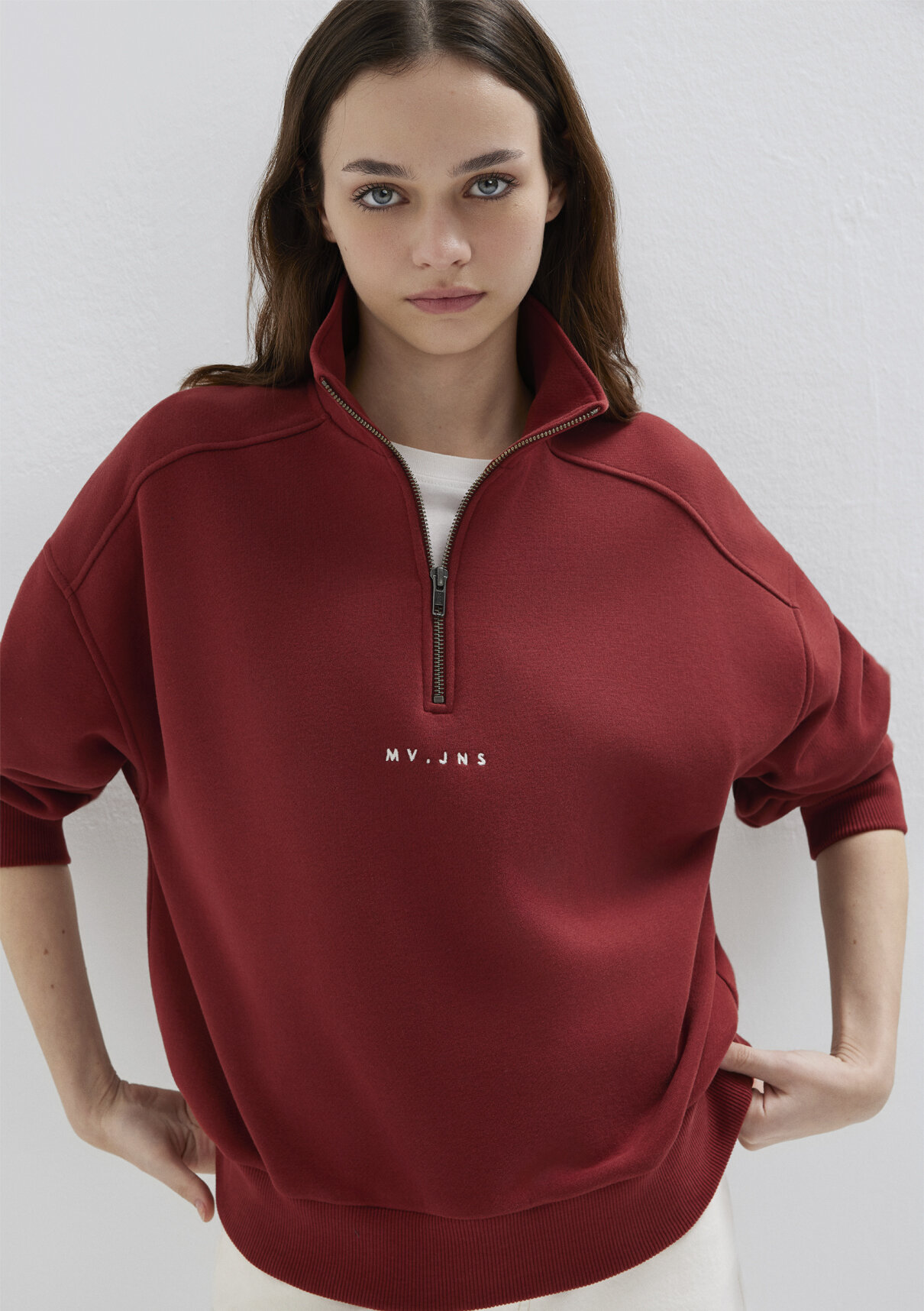 Mavi MVJNS Nakışlı Yarı Fermuarlı Bordo Sweatshirt