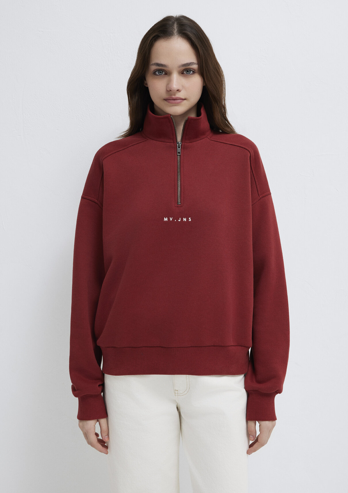 Mavi MVJNS Nakışlı Yarı Fermuarlı Bordo Sweatshirt görsel 3