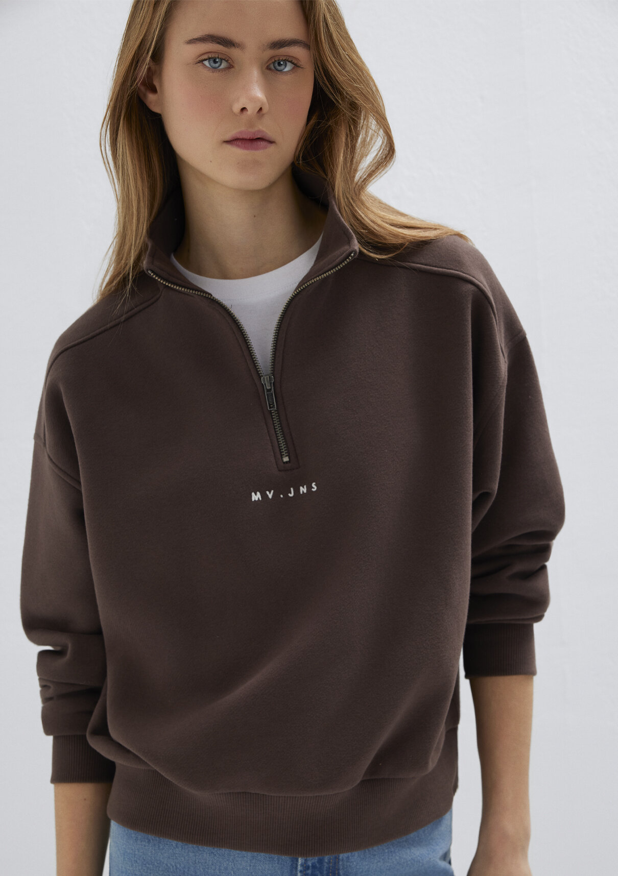 Mavi MVJNS Nakışlı Yarı Fermuarlı Kahverengi Sweatshirt