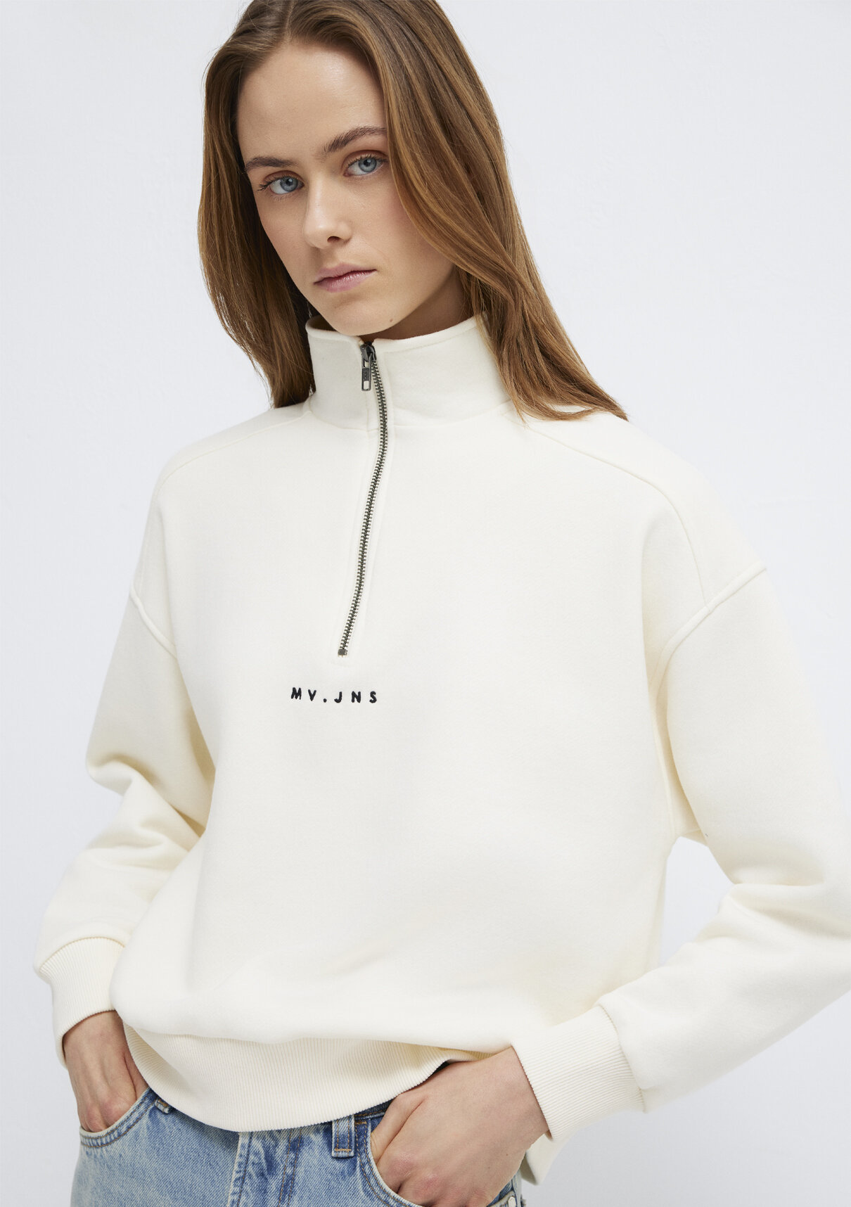 Mavi MVJNS Nakışlı Yarı Fermuarlı Ekru Sweatshirt görsel 2
