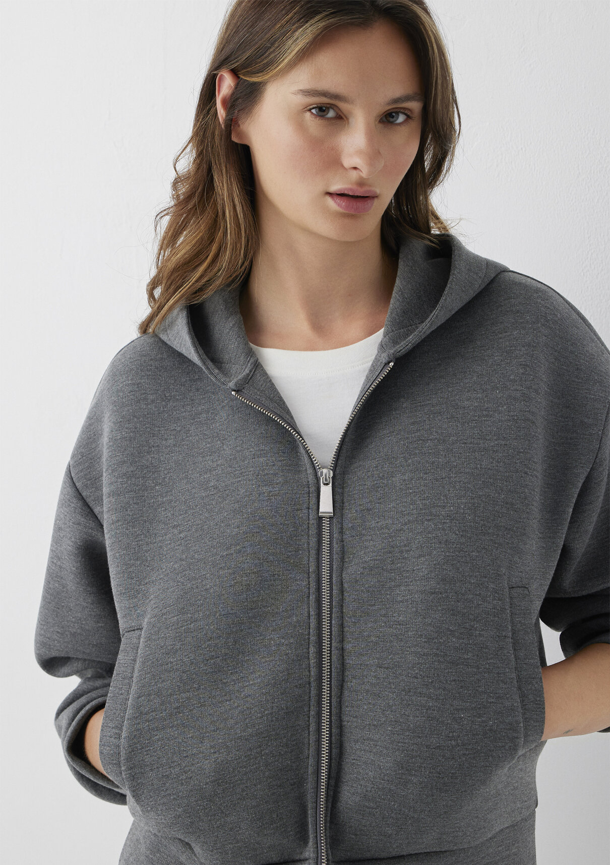 Mavi Kapüşonlu Fermuarlı Antrasit Sweatshirt