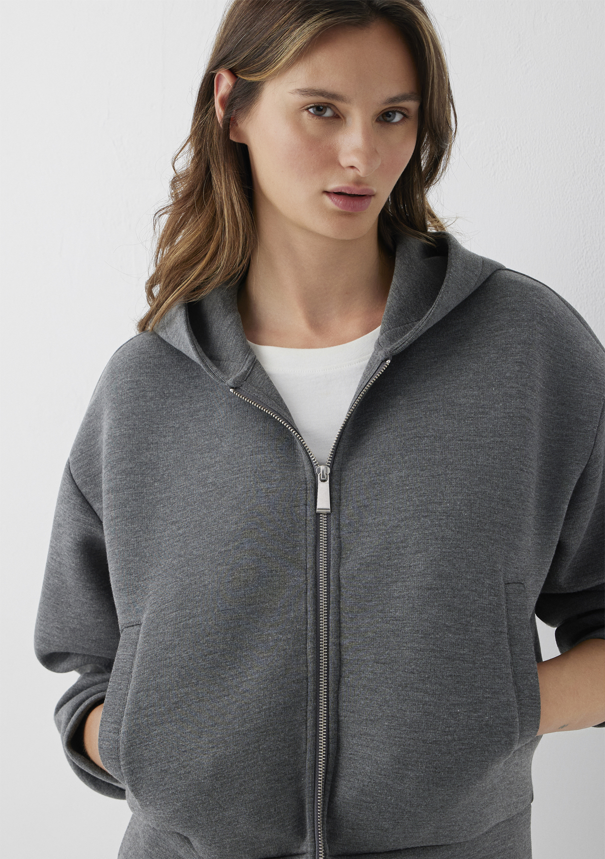 Mavi Kapüşonlu Fermuarlı Antrasit Sweatshirt