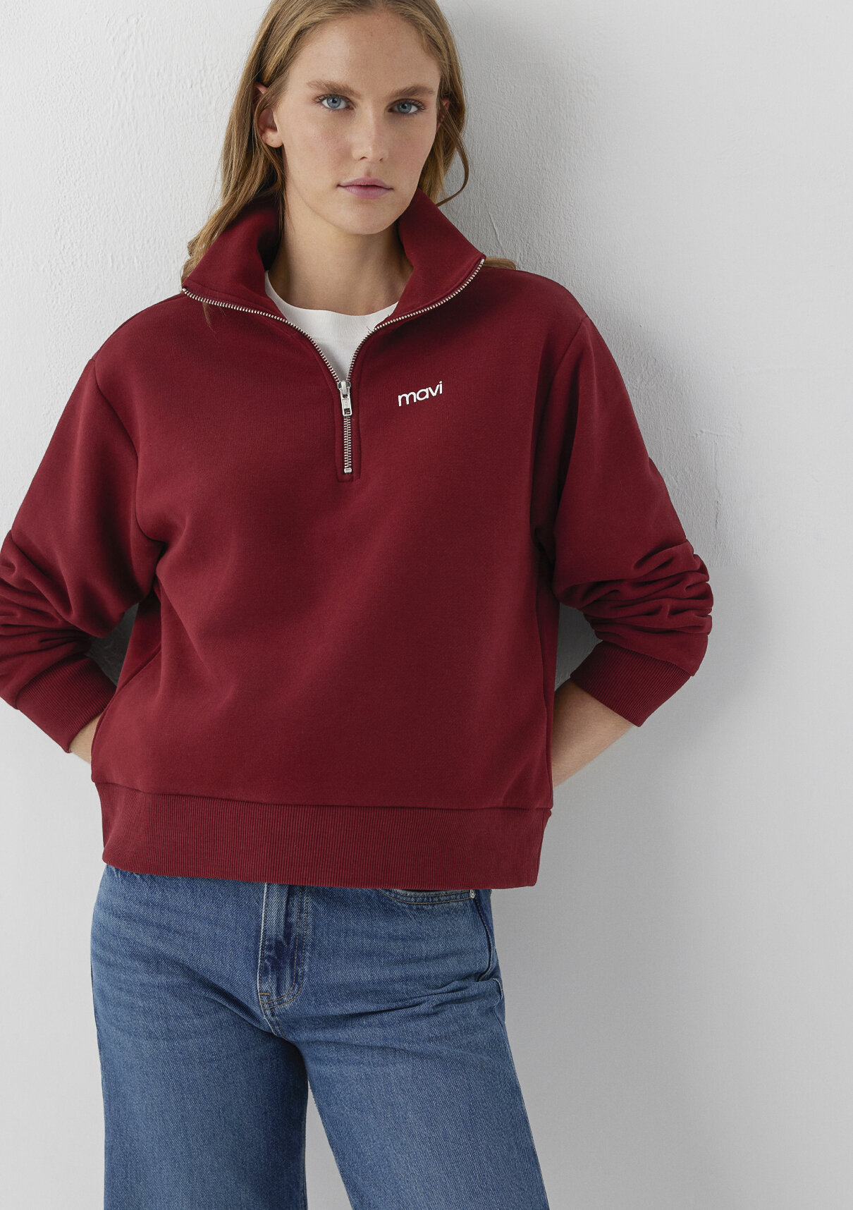 Mavi Mini Logo Yarı Fermuarlı Kırmızı Sweatshirt