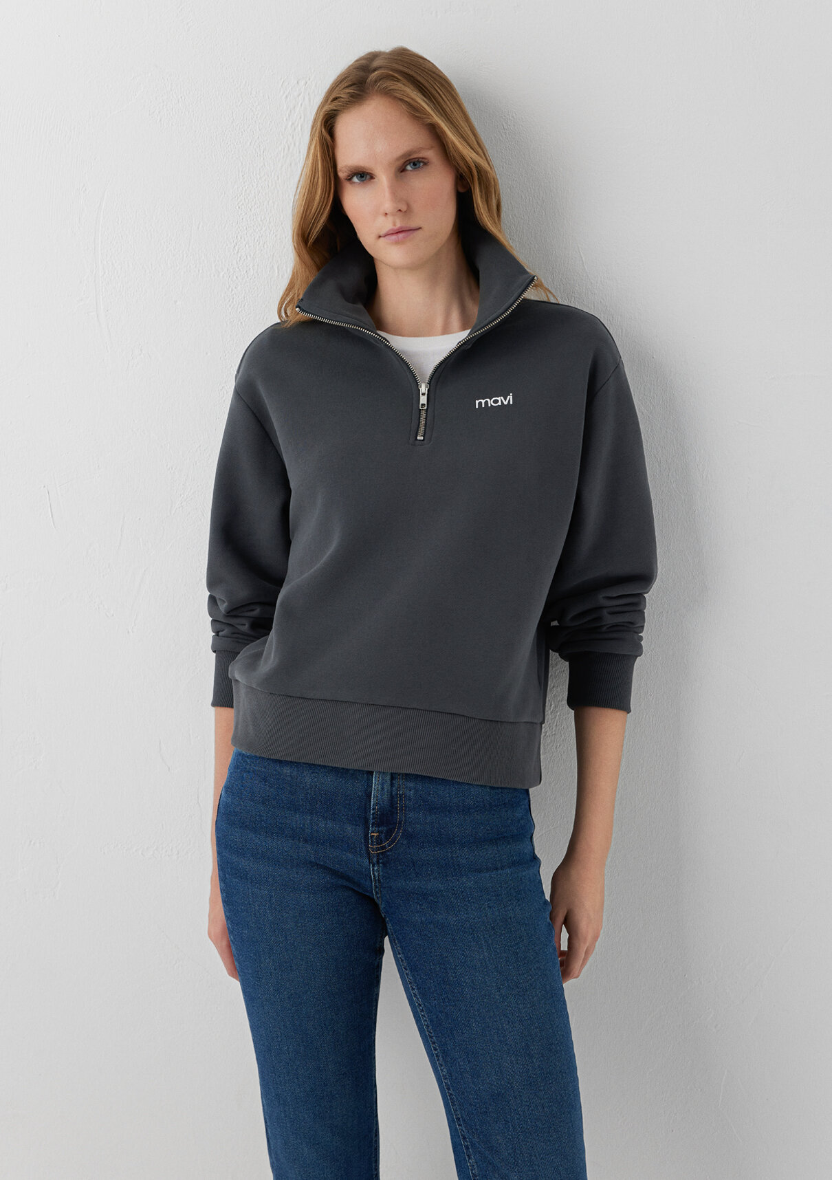 Mavi Mini Logo Yarı Fermuarlı Antrasit Sweatshirt görsel 2