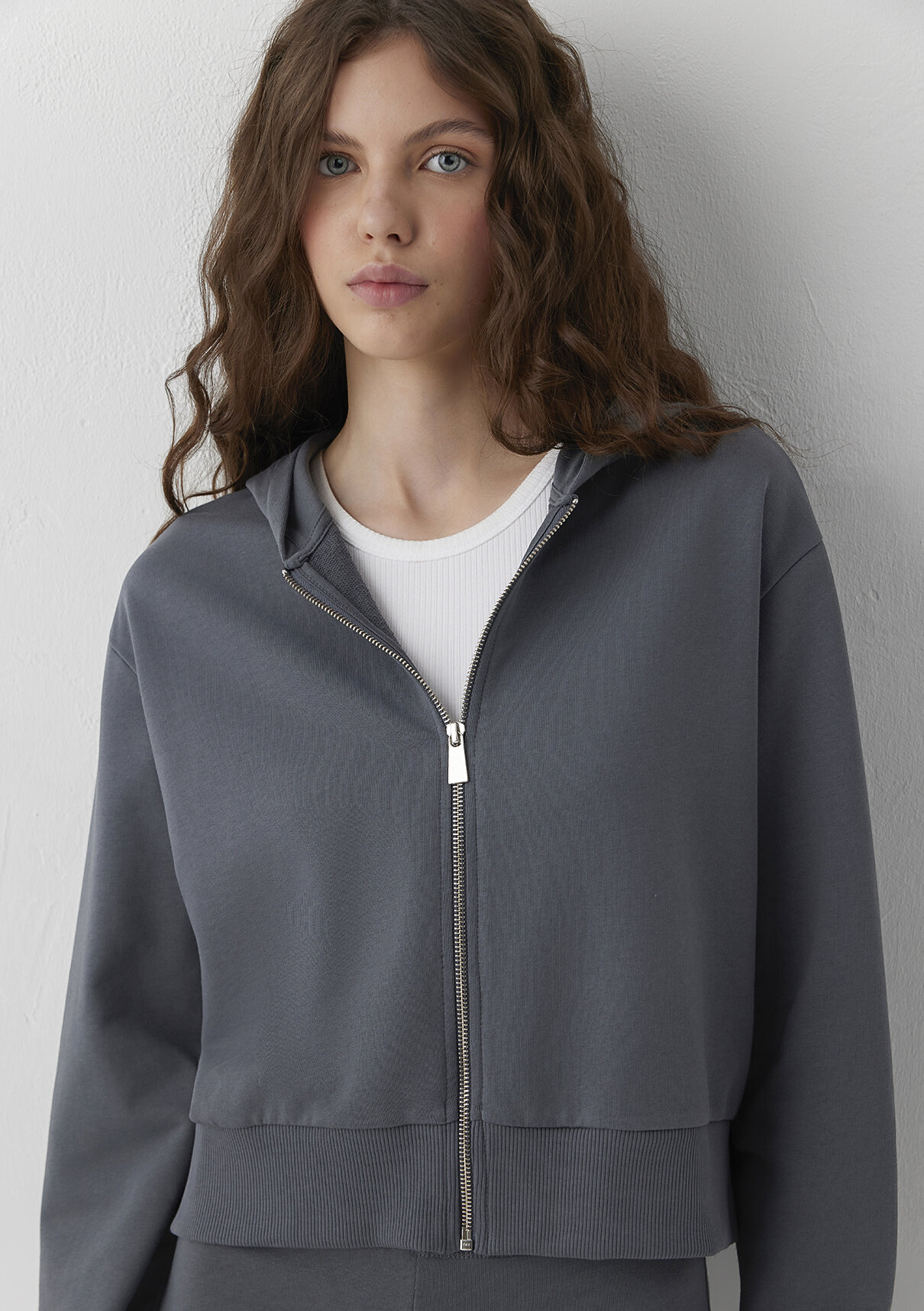 Mavi Kapüşonlu Fermuarlı Gri Sweatshirt