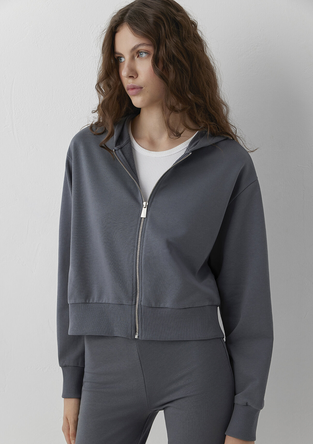 Mavi Kapüşonlu Fermuarlı Gri Sweatshirt görsel 2