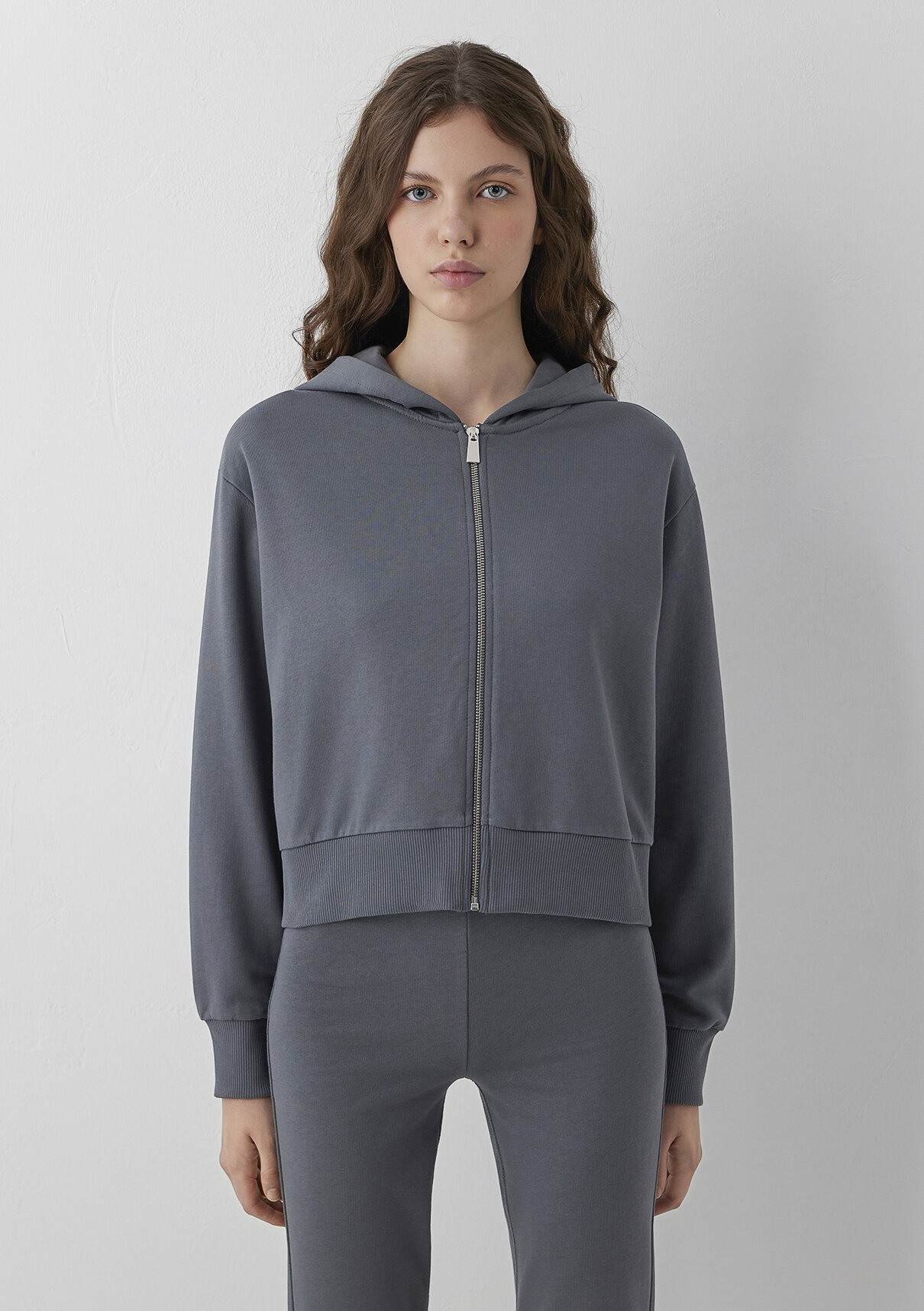 Mavi Kapüşonlu Fermuarlı Gri Sweatshirt görsel 4