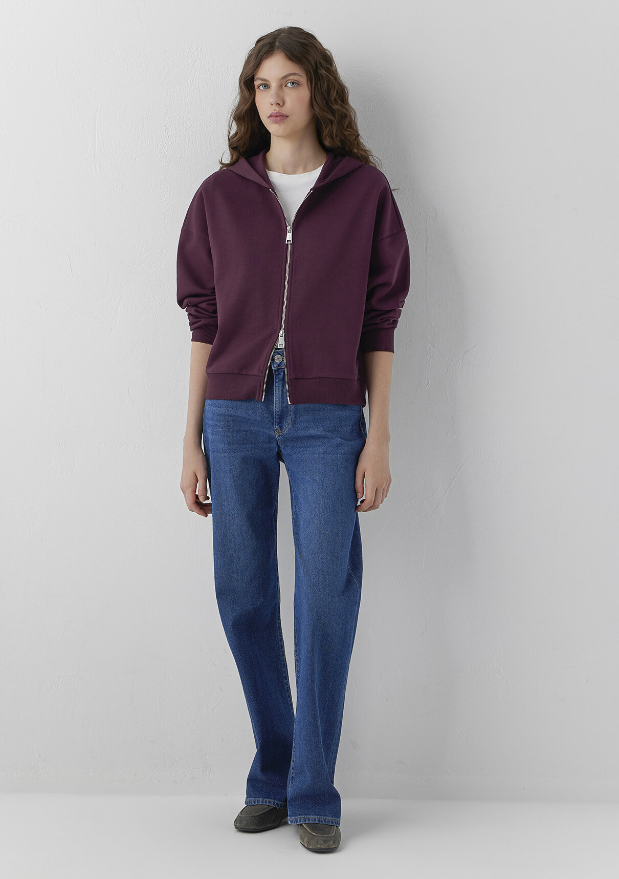 Mavi Kapüşonlu Fermuarlı Bordo Sweatshirt
