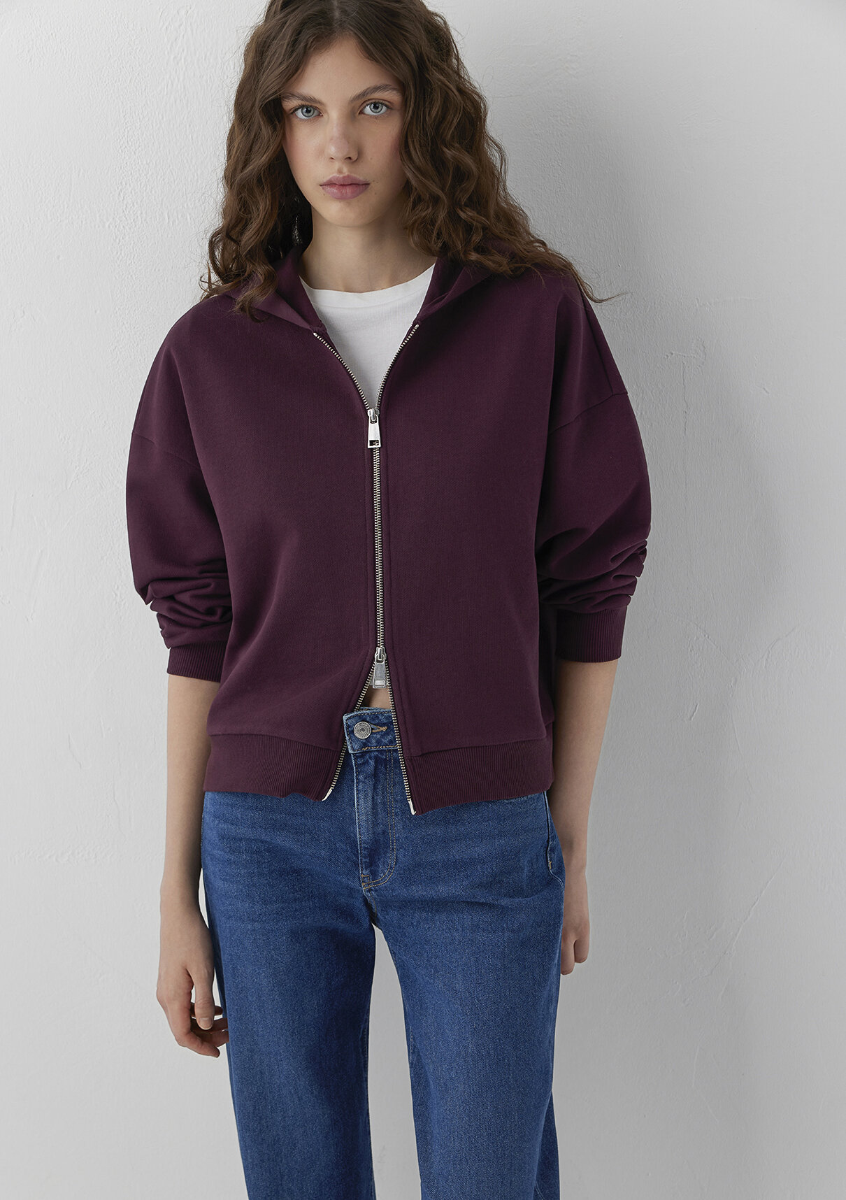 Mavi Kapüşonlu Fermuarlı Bordo Sweatshirt görsel 2