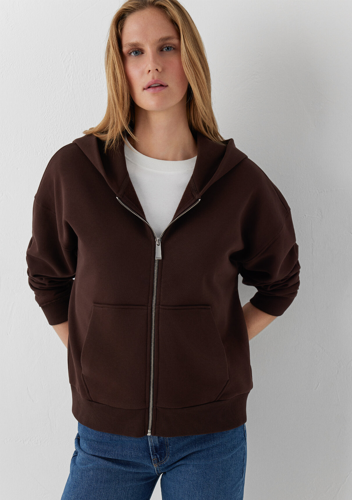 Mavi Kapüşonlu Kahverengi Basic Sweatshirt