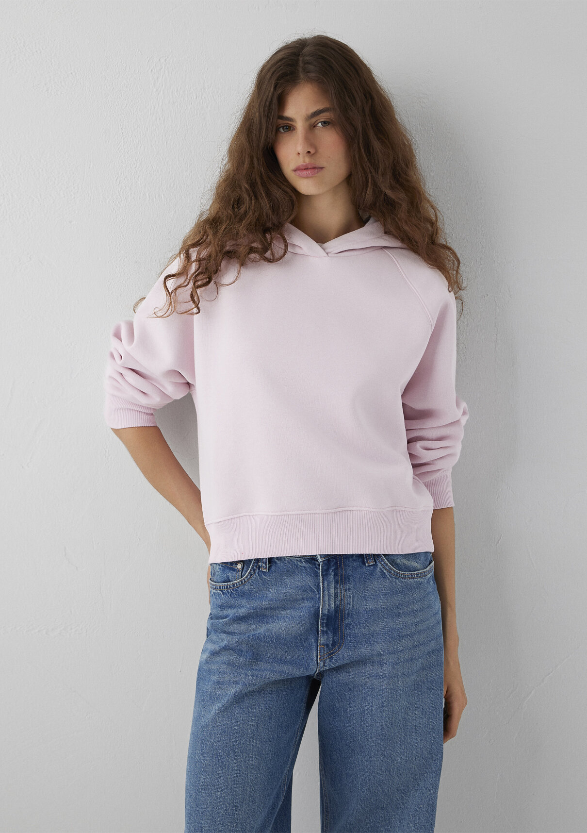 Mavi Kapüşonlu Pembe Basic Sweatshirt