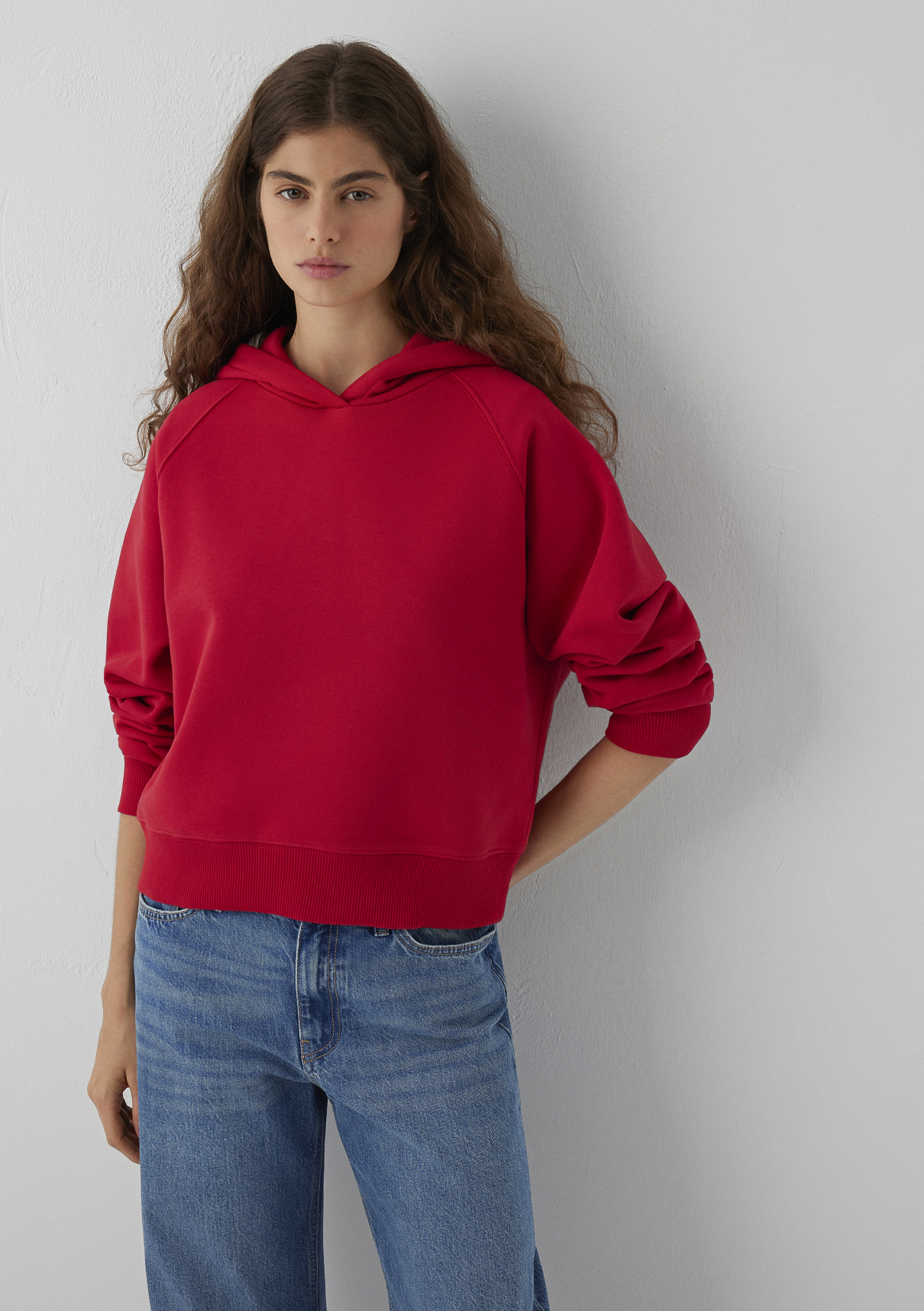 Mavi Kapüşonlu Kırmızı Basic Sweatshirt