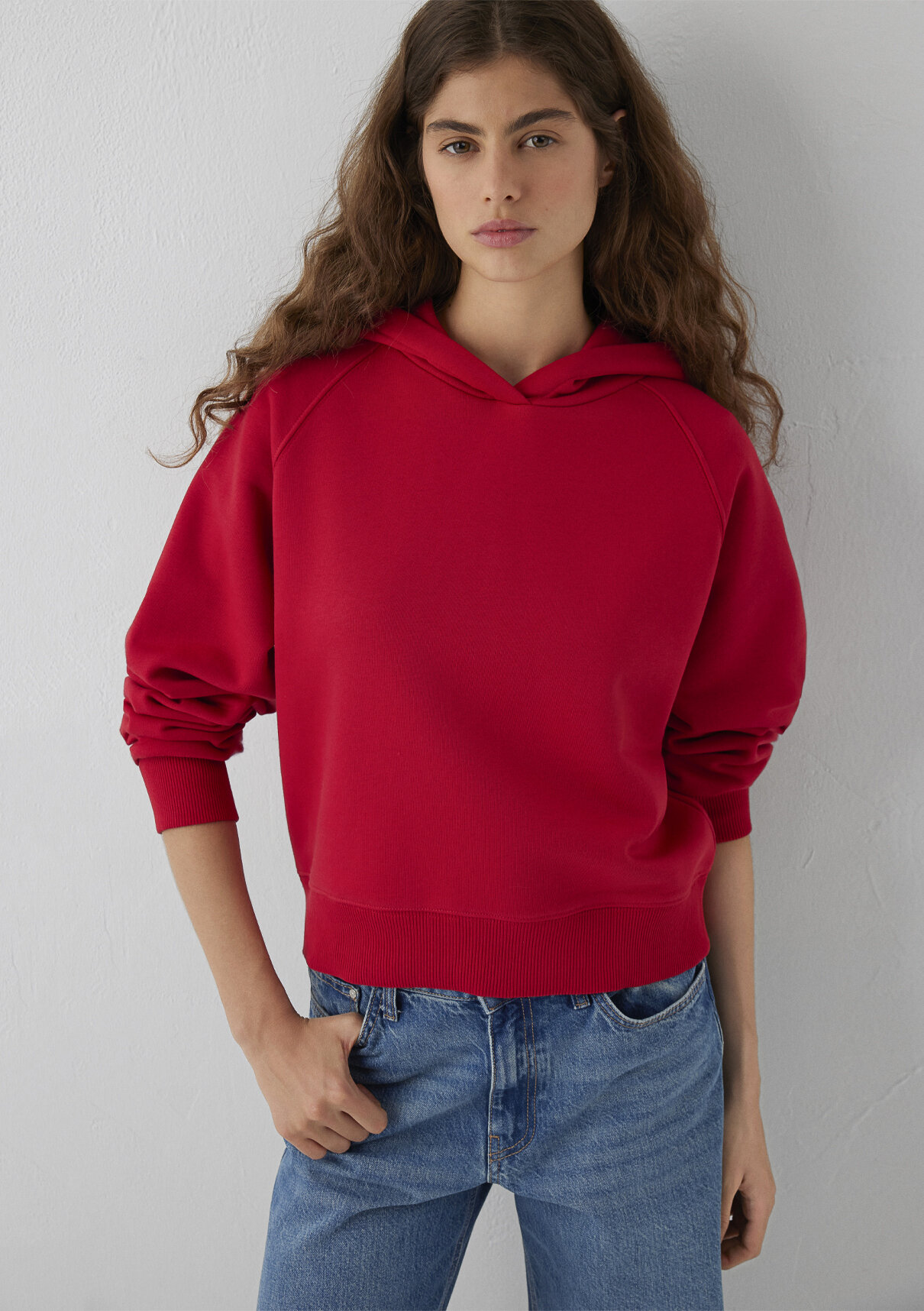 Mavi Kapüşonlu Kırmızı Basic Sweatshirt görsel 3