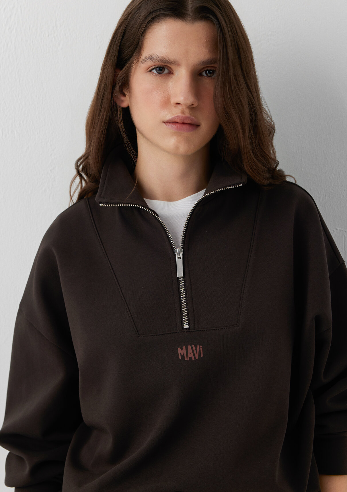 Mavi Yarı Fermuarlı Kahverengi İnterlok Sweatshirt görsel 2