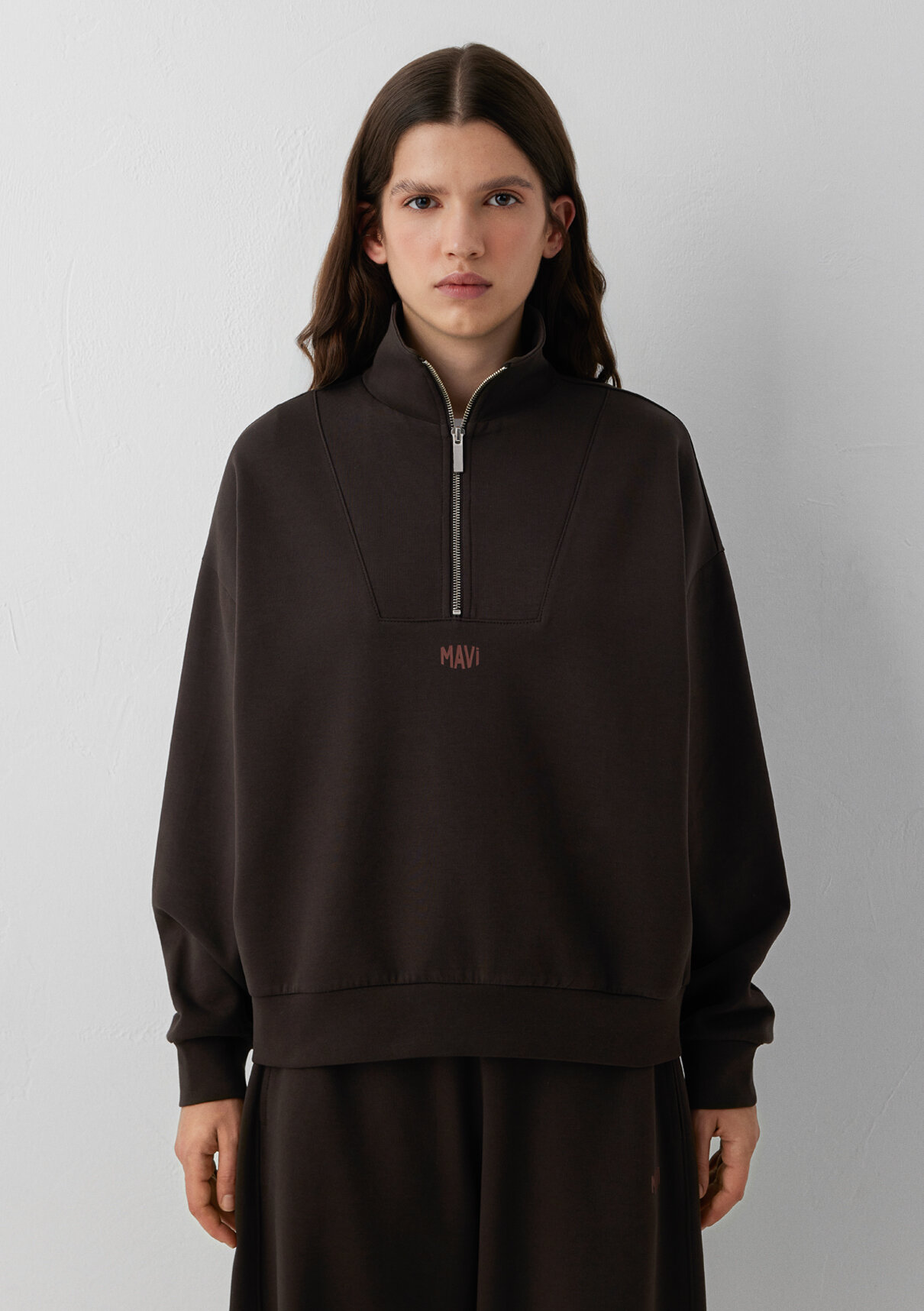 Mavi Yarı Fermuarlı Kahverengi İnterlok Sweatshirt görsel 4