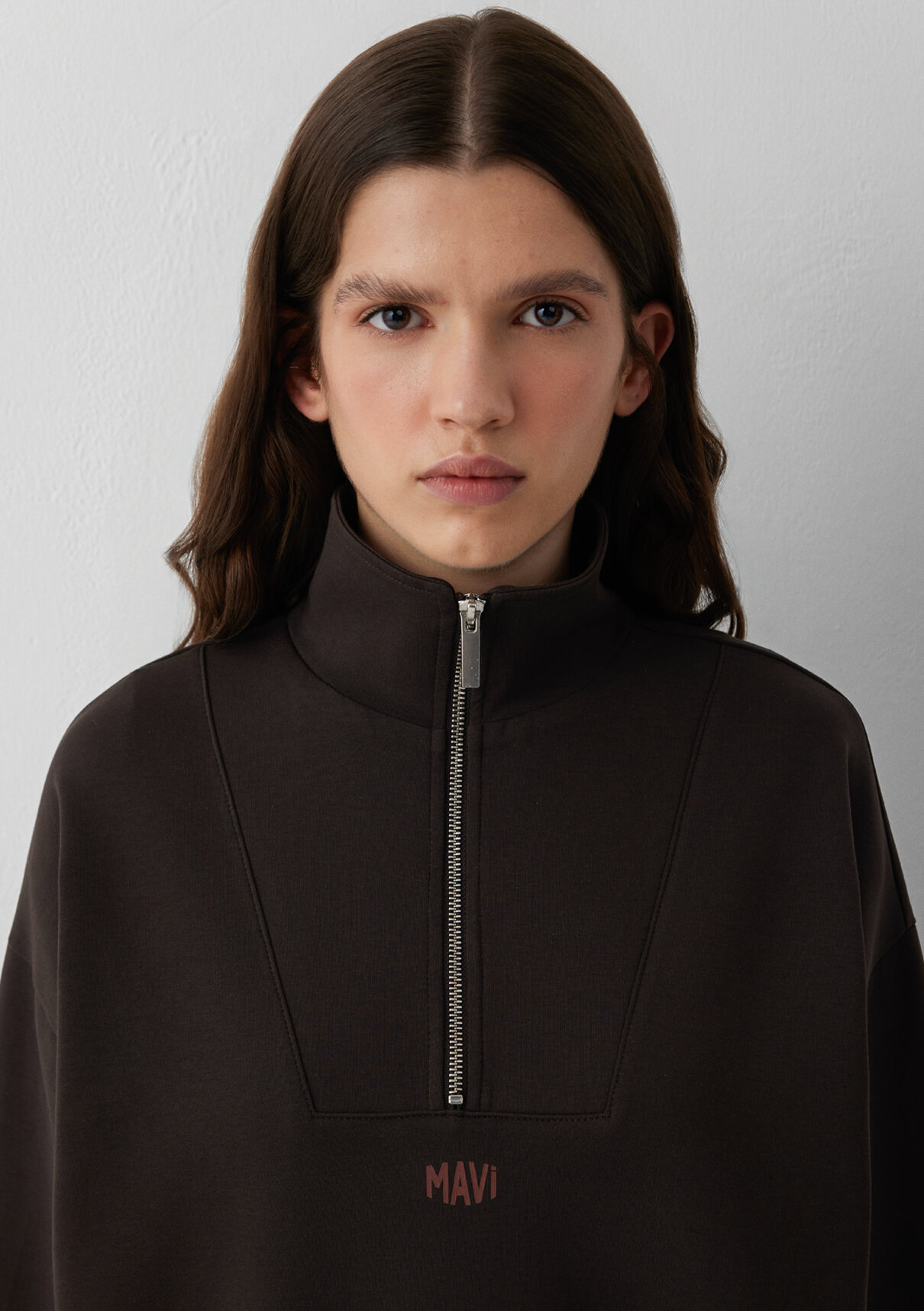 Mavi Yarı Fermuarlı Kahverengi İnterlok Sweatshirt görsel 7